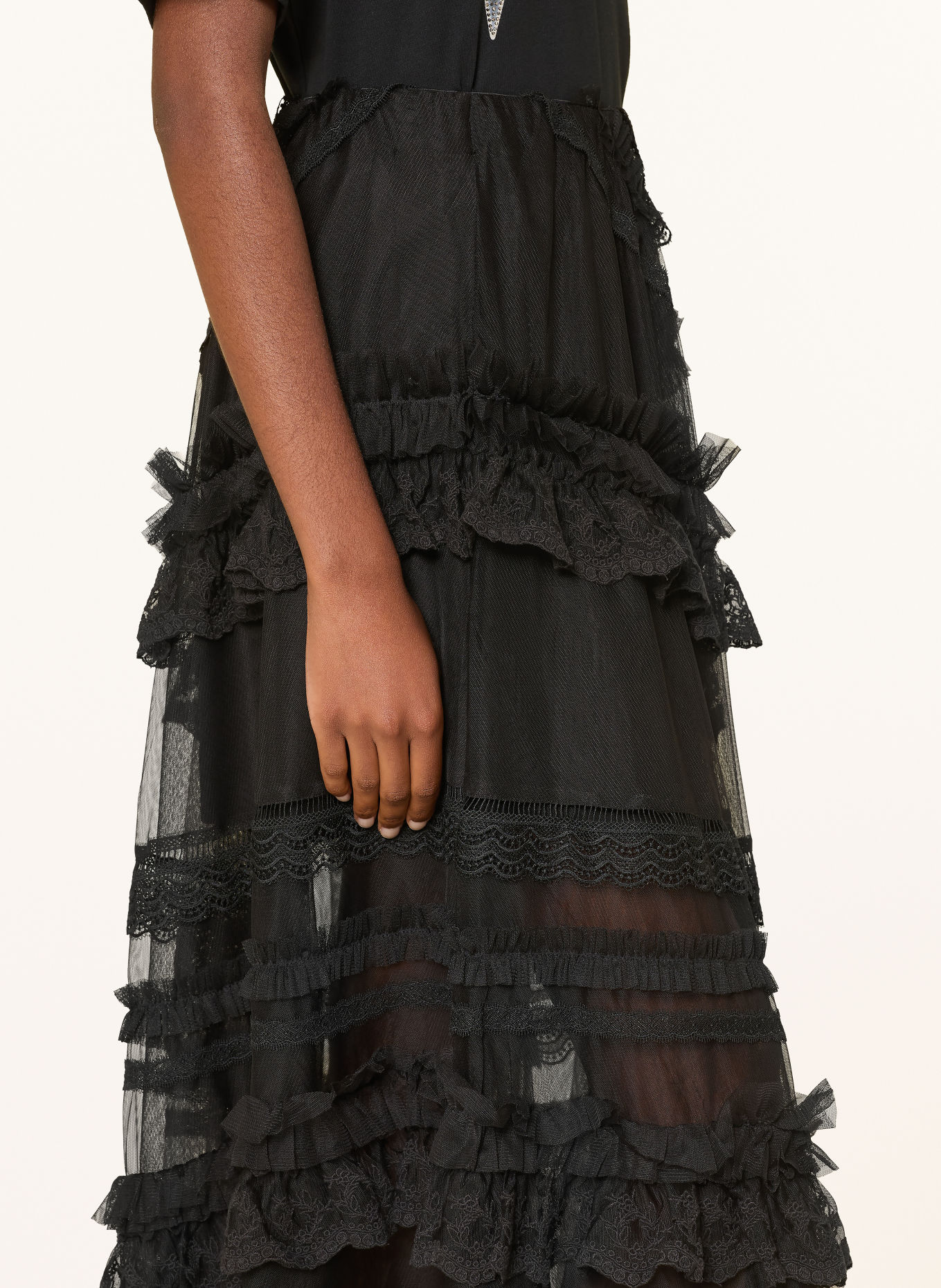 ALLSAINTS JEN-rok met kant en ruches: ZWART