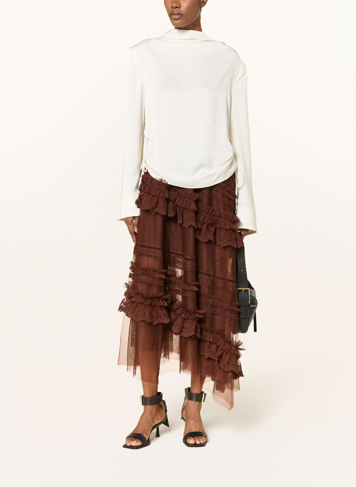 ALLSAINTS JEN-rok met kant en ruches: BRUIN
