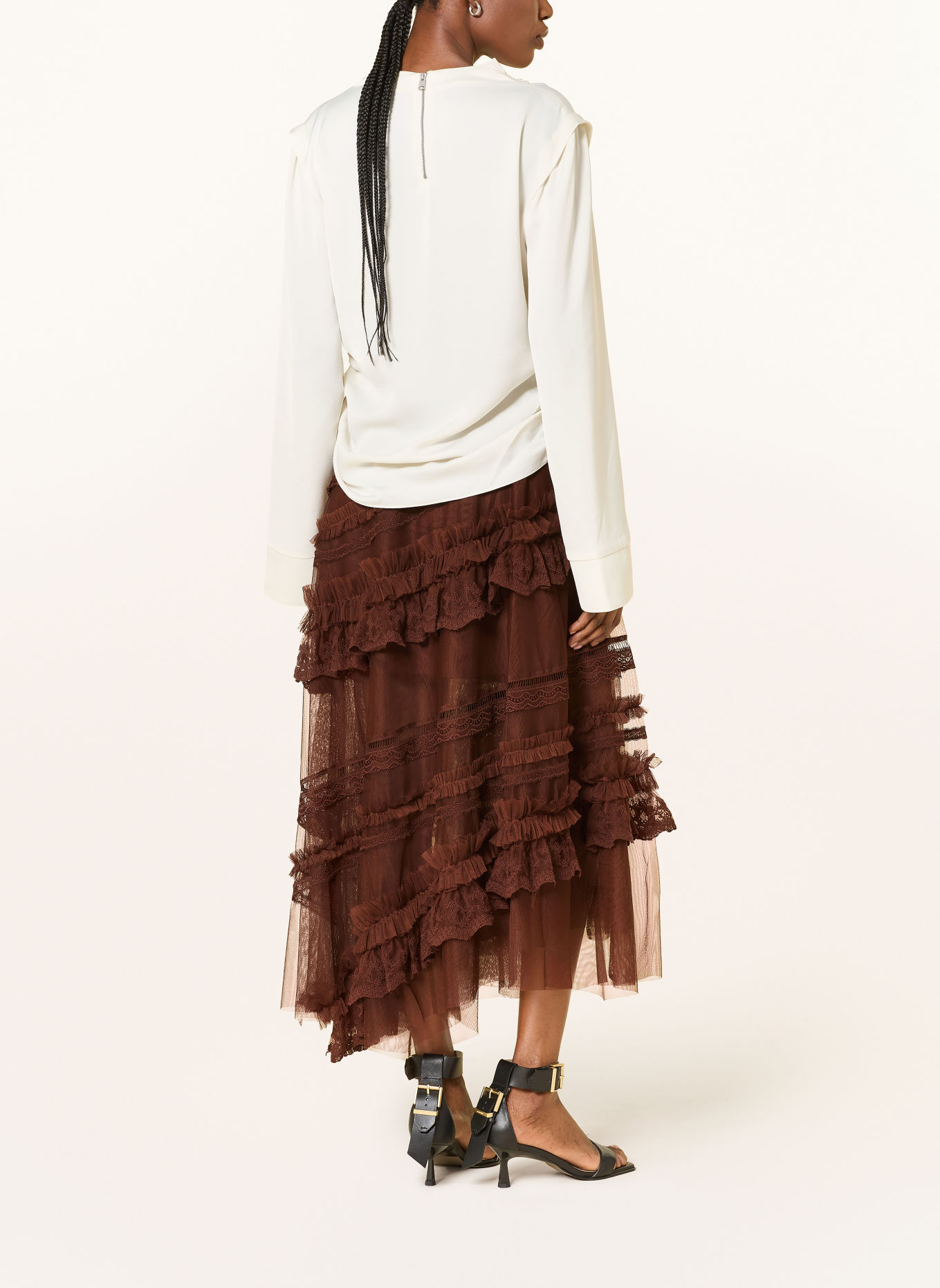 ALLSAINTS JEN-rok met kant en ruches: BRUIN