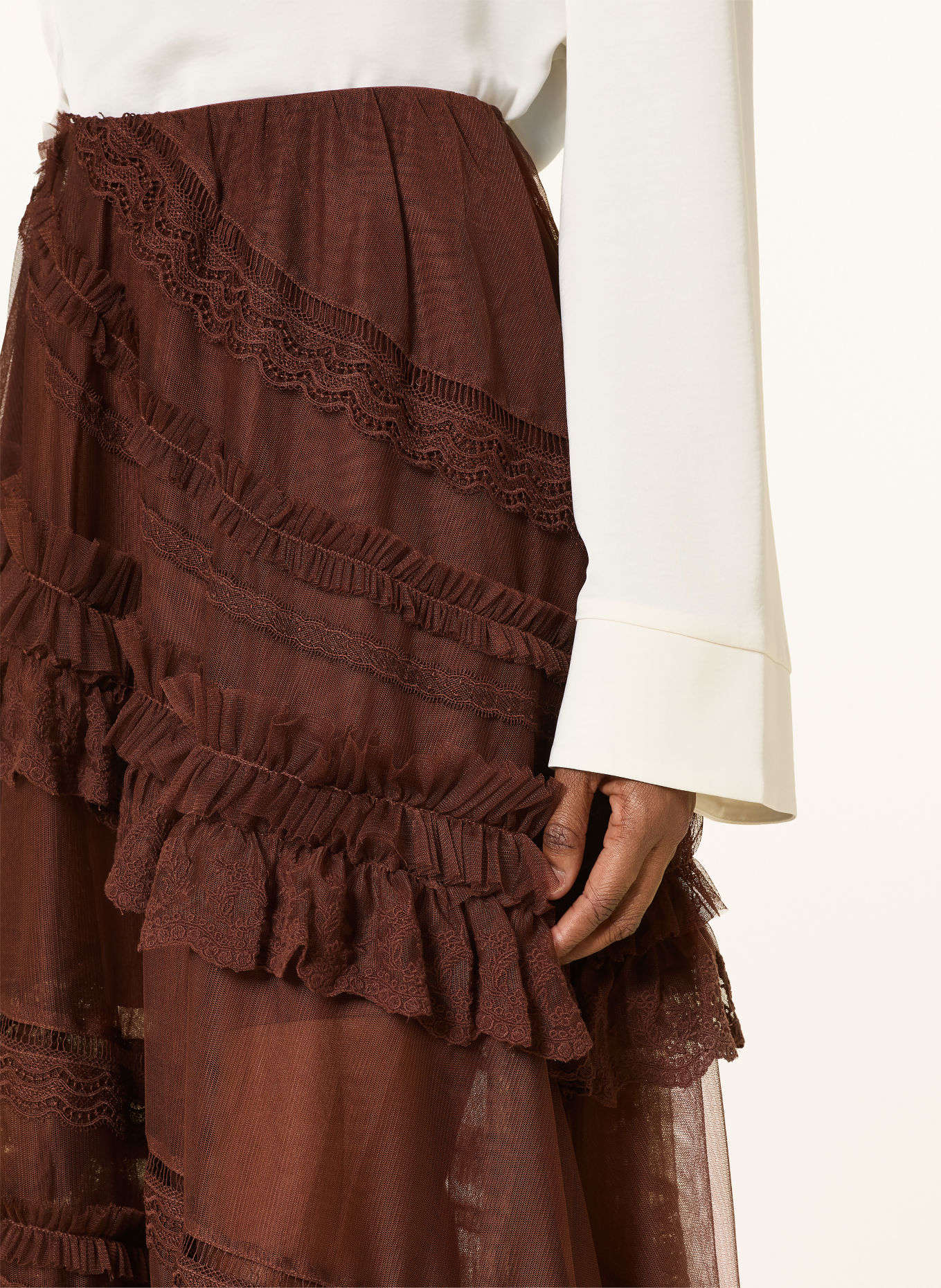ALLSAINTS JEN-rok met kant en ruches: BRUIN
