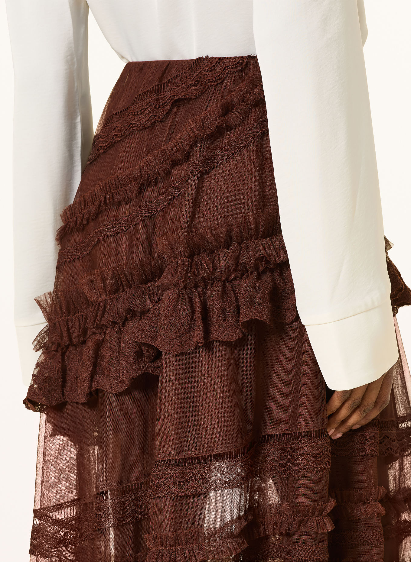 ALLSAINTS JEN-rok met kant en ruches: BRUIN