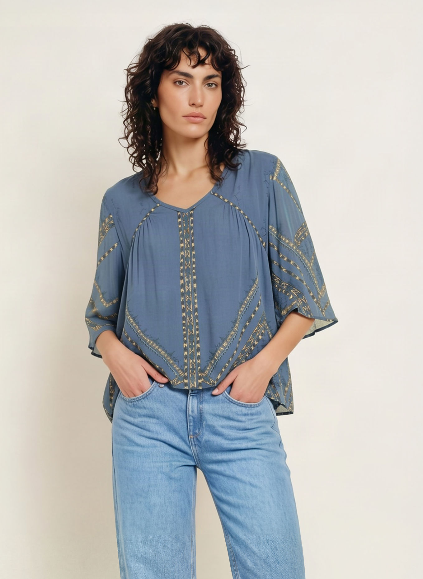 ba&sh Blusenshirt PLACIDO mit 3/4-Arm: BLAU / BEIGE