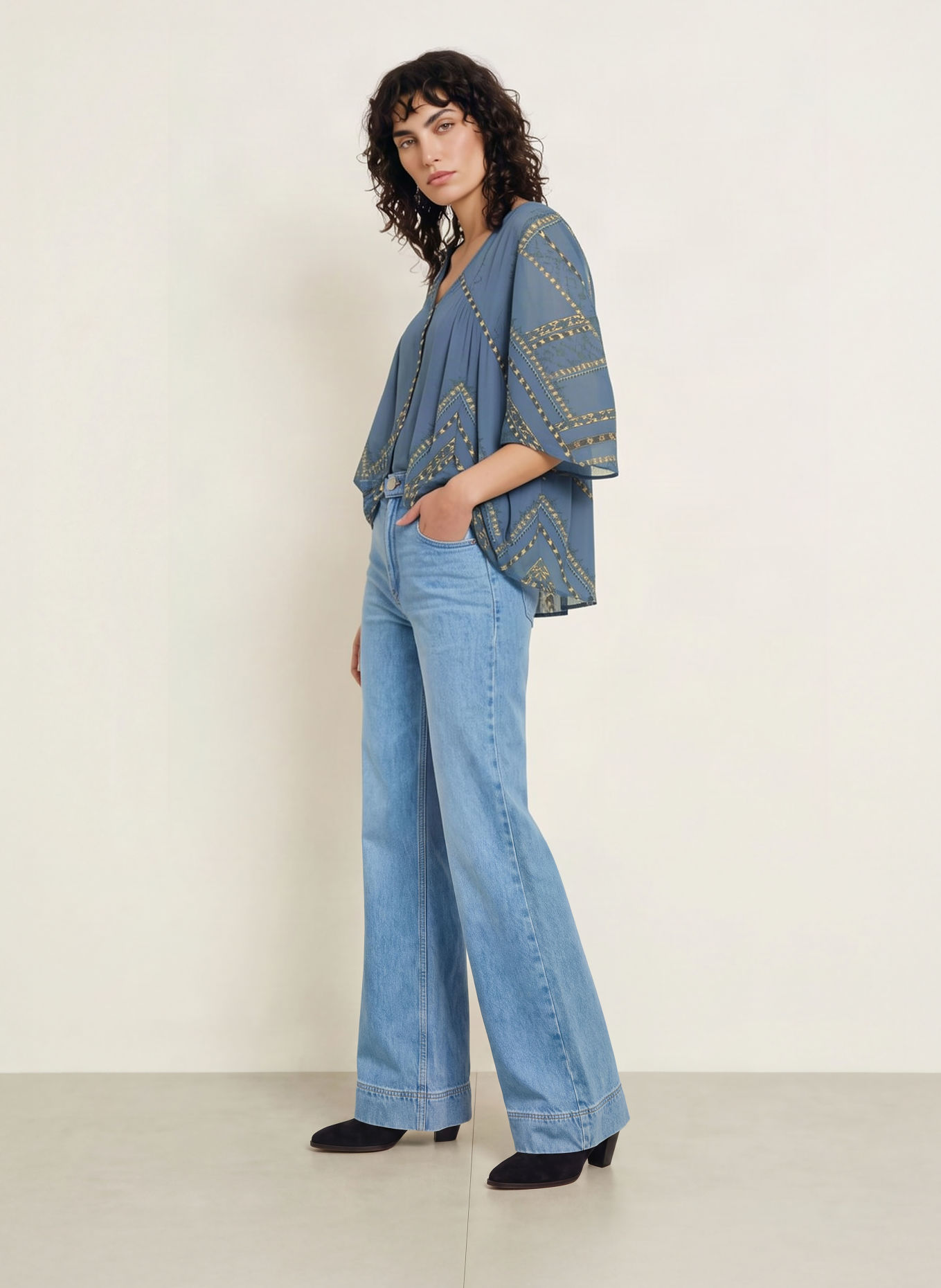 ba&sh Blusenshirt PLACIDO mit 3/4-Arm: BLAU / BEIGE