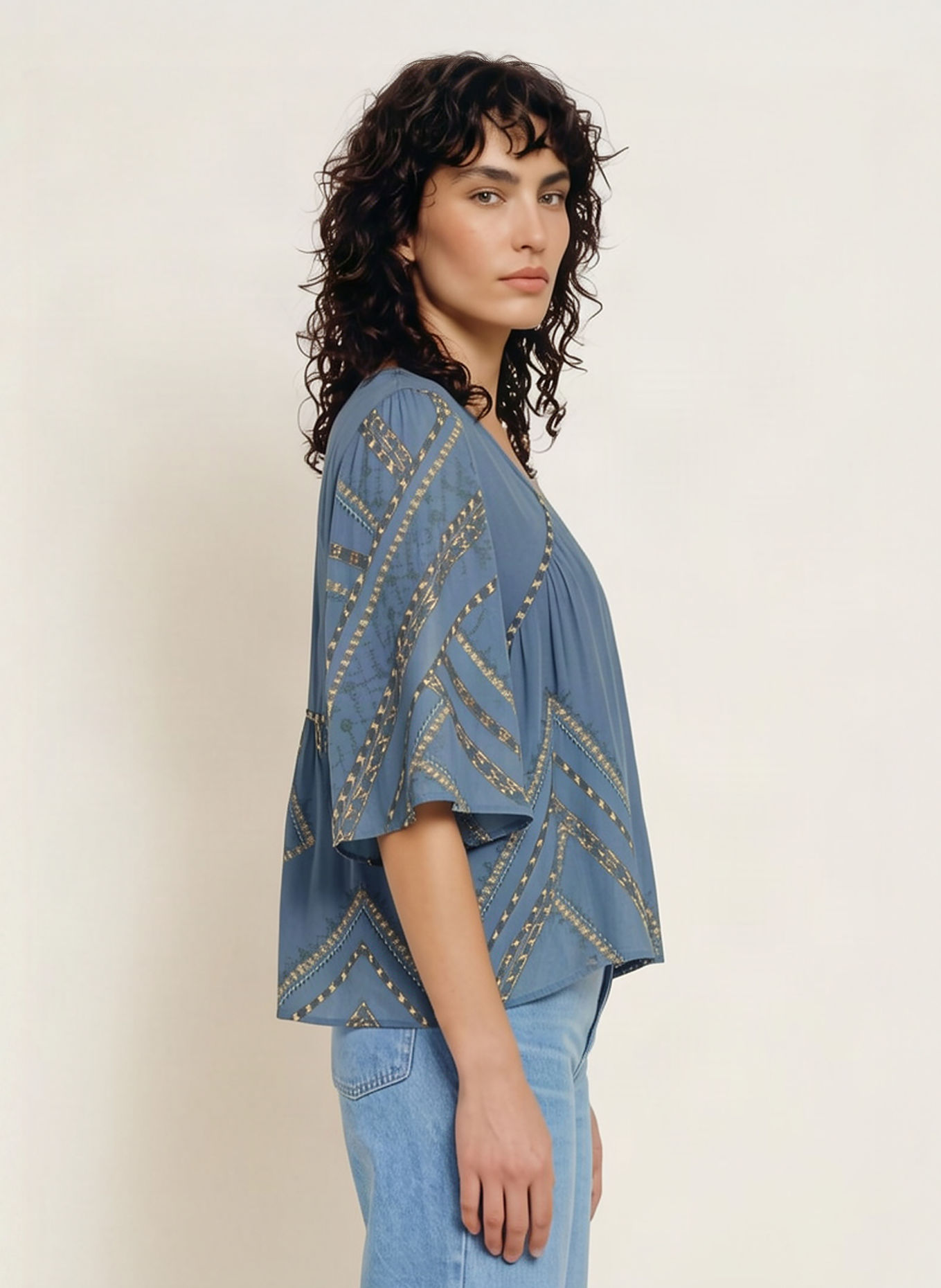 ba&sh Blusenshirt PLACIDO mit 3/4-Arm: BLAU / BEIGE