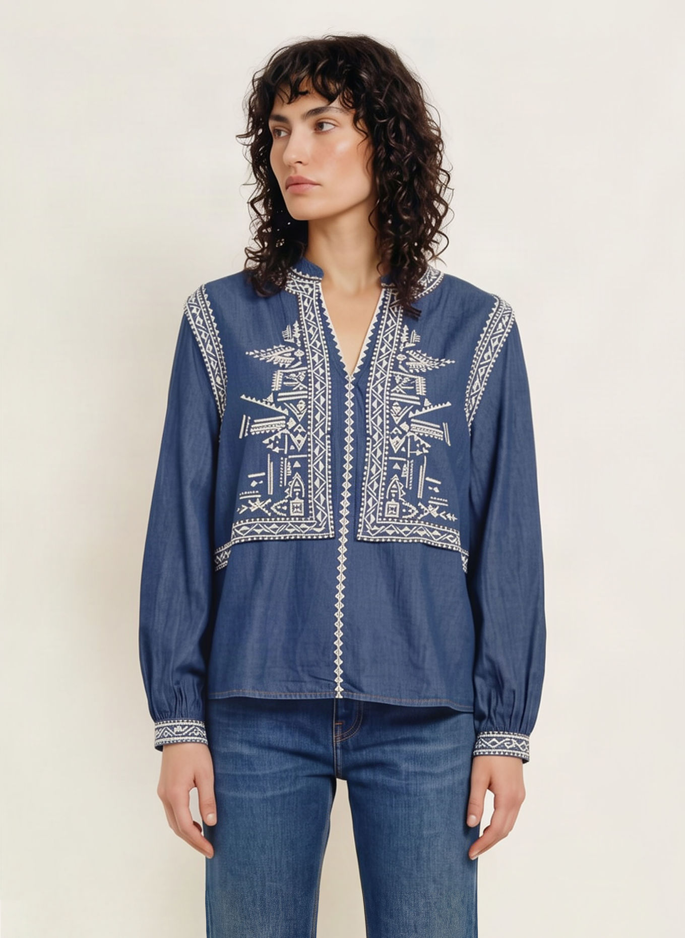 ba&sh Blusenshirt LAURA in Jeansoptik: DUNKELBLAU / WEISS