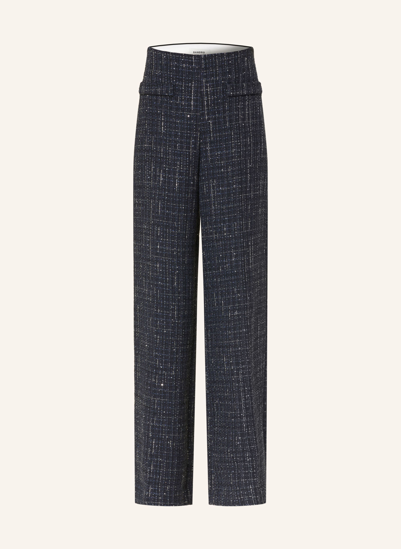 SANDRO Marlenehose aus Tweed mit Glitzergarn und Pailletten: DUNKELBLAU / SILBER