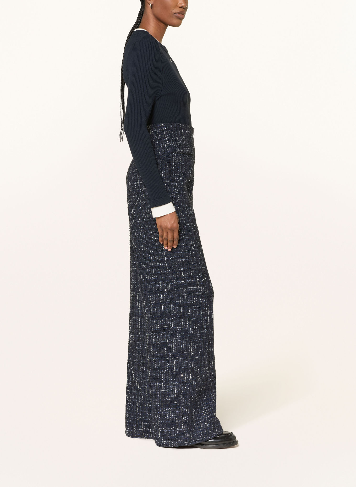 SANDRO Marlenehose aus Tweed mit Glitzergarn und Pailletten: DUNKELBLAU / SILBER