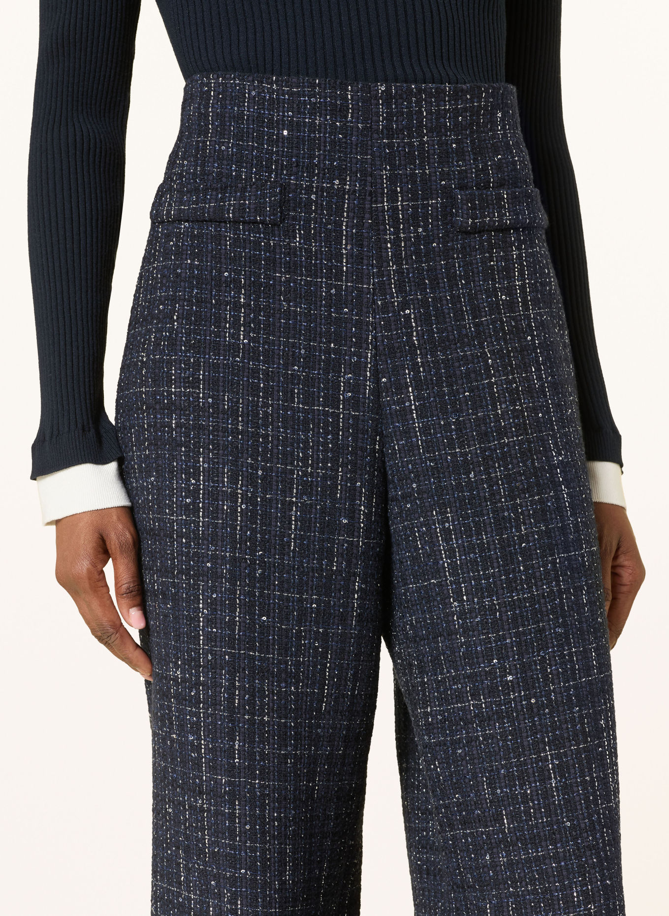 SANDRO Marlenehose aus Tweed mit Glitzergarn und Pailletten: DUNKELBLAU / SILBER
