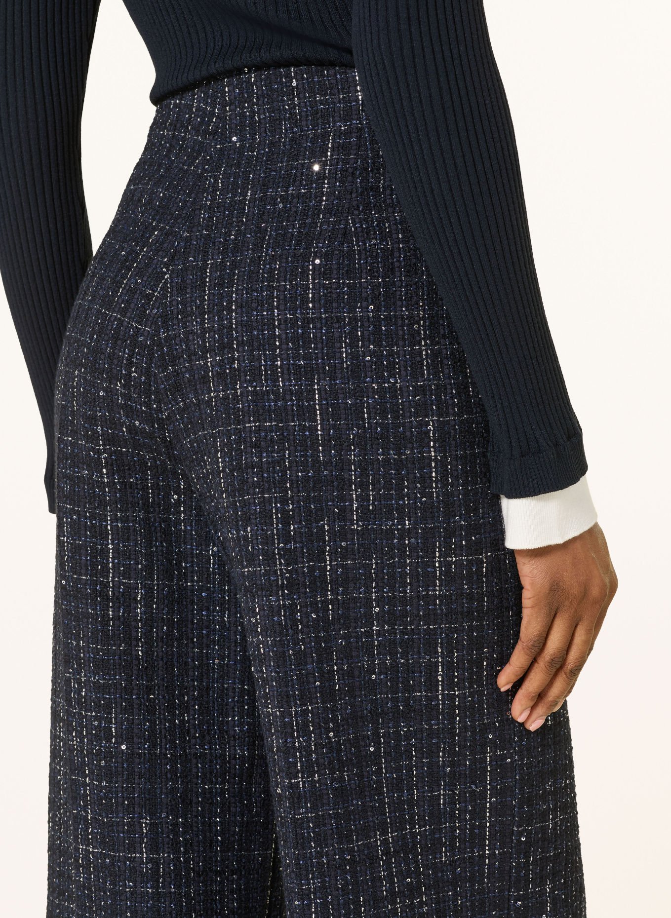 SANDRO Marlenehose aus Tweed mit Glitzergarn und Pailletten: DUNKELBLAU / SILBER