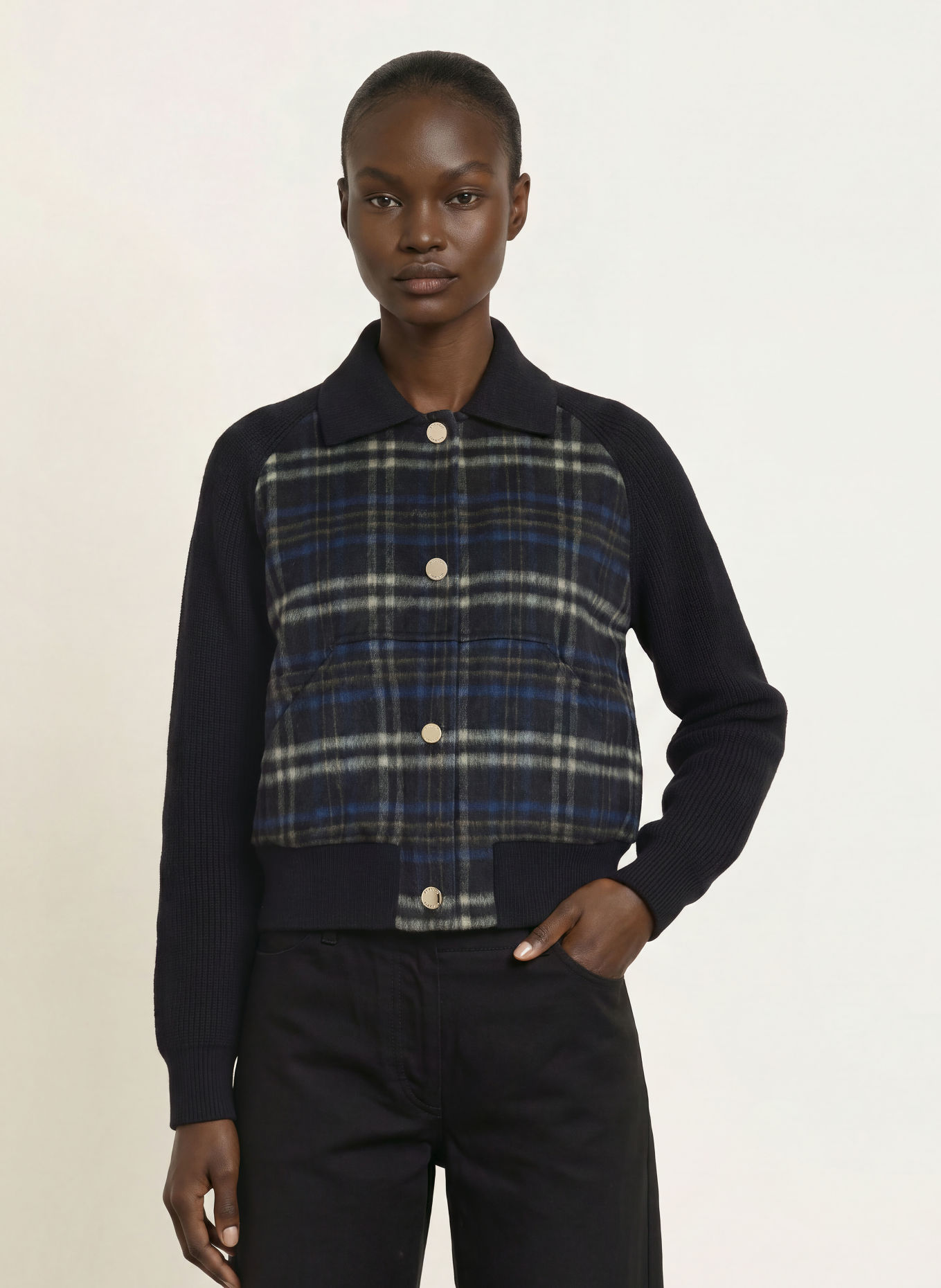 CLAUDIE PIERLOT Jacke im Materialmix: DUNKELBLAU / CREME / HELLGRAU