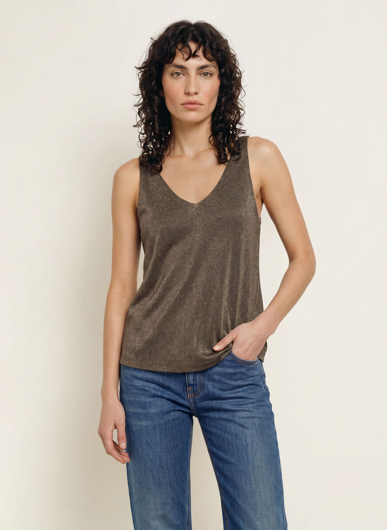 ba&sh ZUANI-strikbluse med glimmergarn: KHAKI