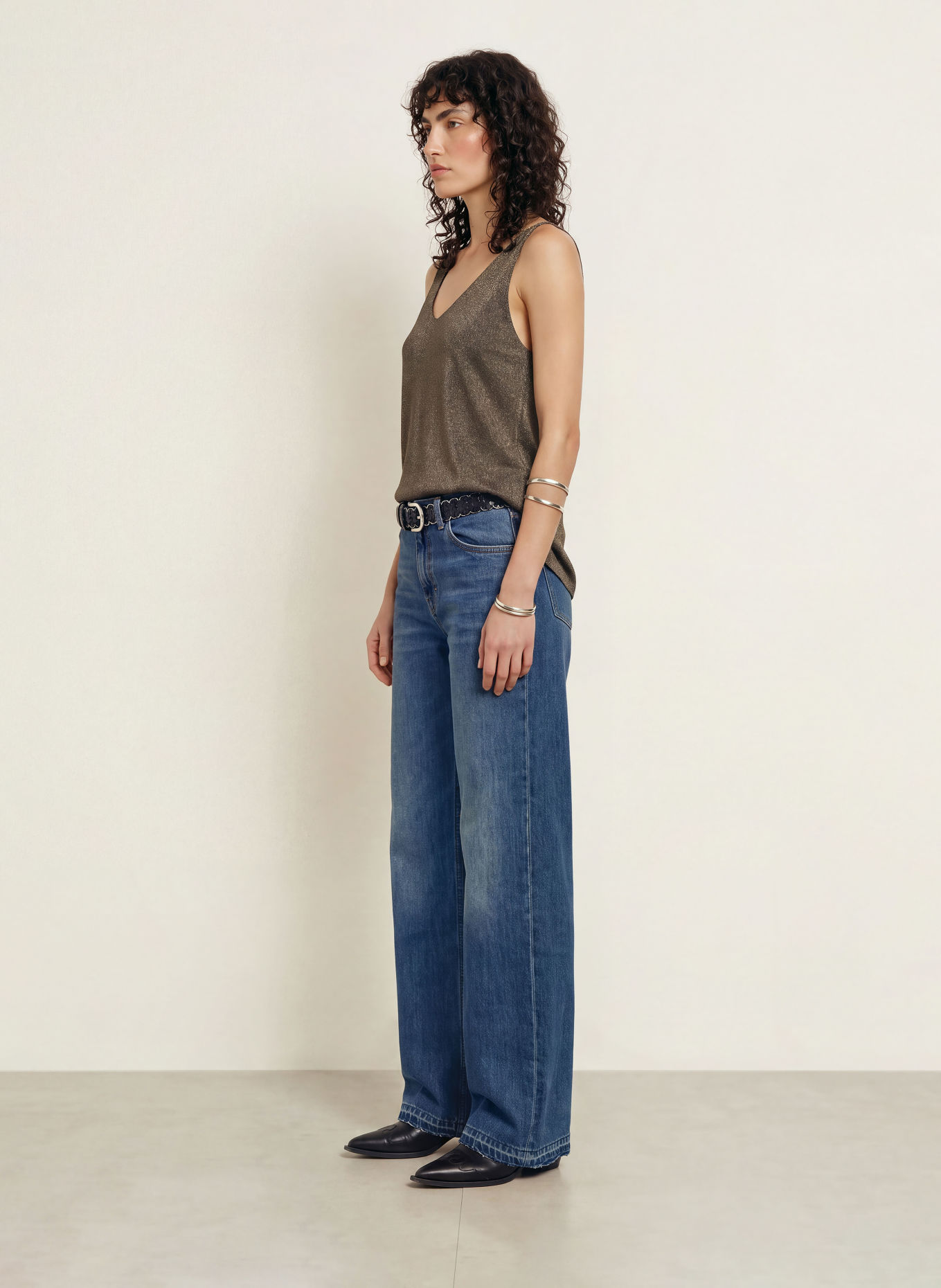 ba&sh ZUANI-strikbluse med glimmergarn: KHAKI