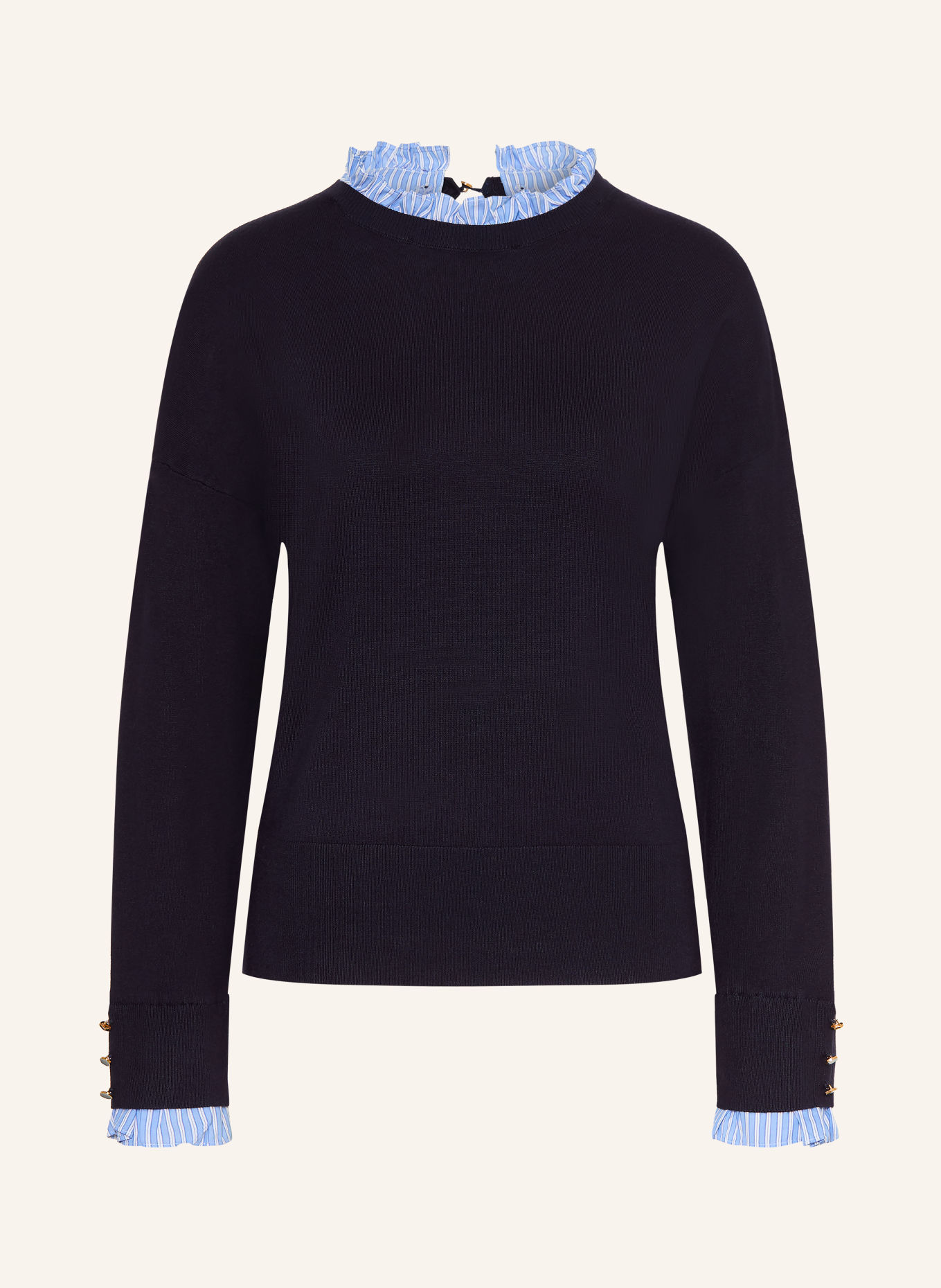 Phase Eight Pull JENNA avec col amovible et volants: BLEU FONCÉ / BLEU CLAIR / BLANC