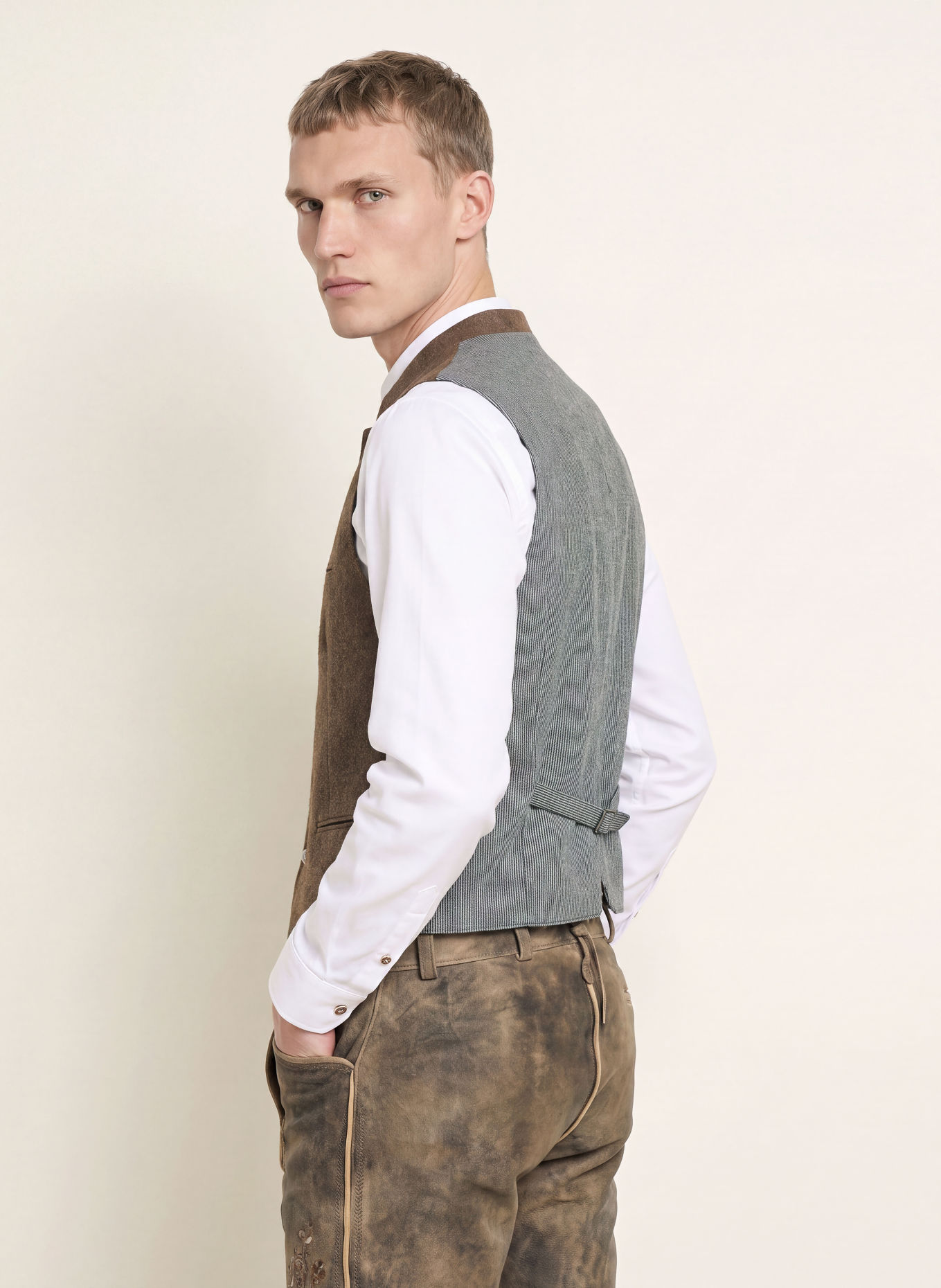 Grasegger VOITL Traditional vest in a Mix of Materials: BROWN / GRAY / WHITE