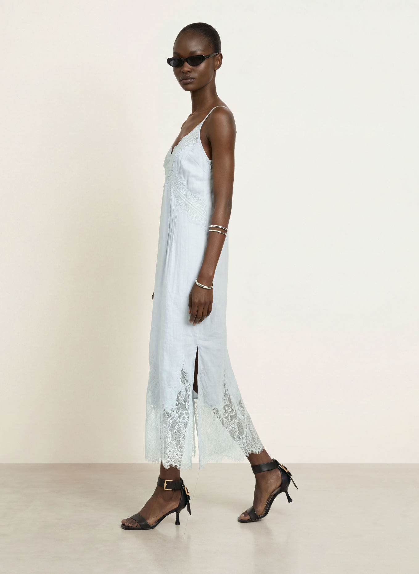 ALLSAINTS Linnen jurk SAMIA met kant: LICHTBLAUW