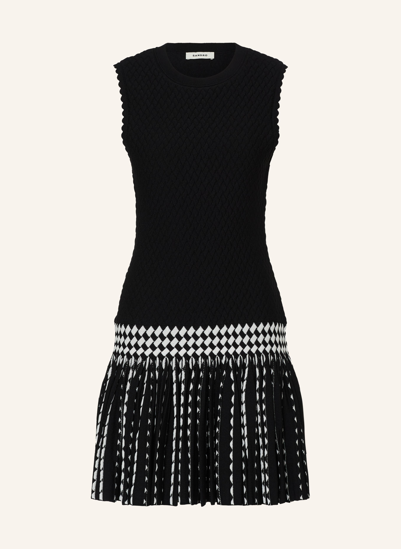 SANDRO Jerseykleid mit Plissees: SCHWARZ / WEISS