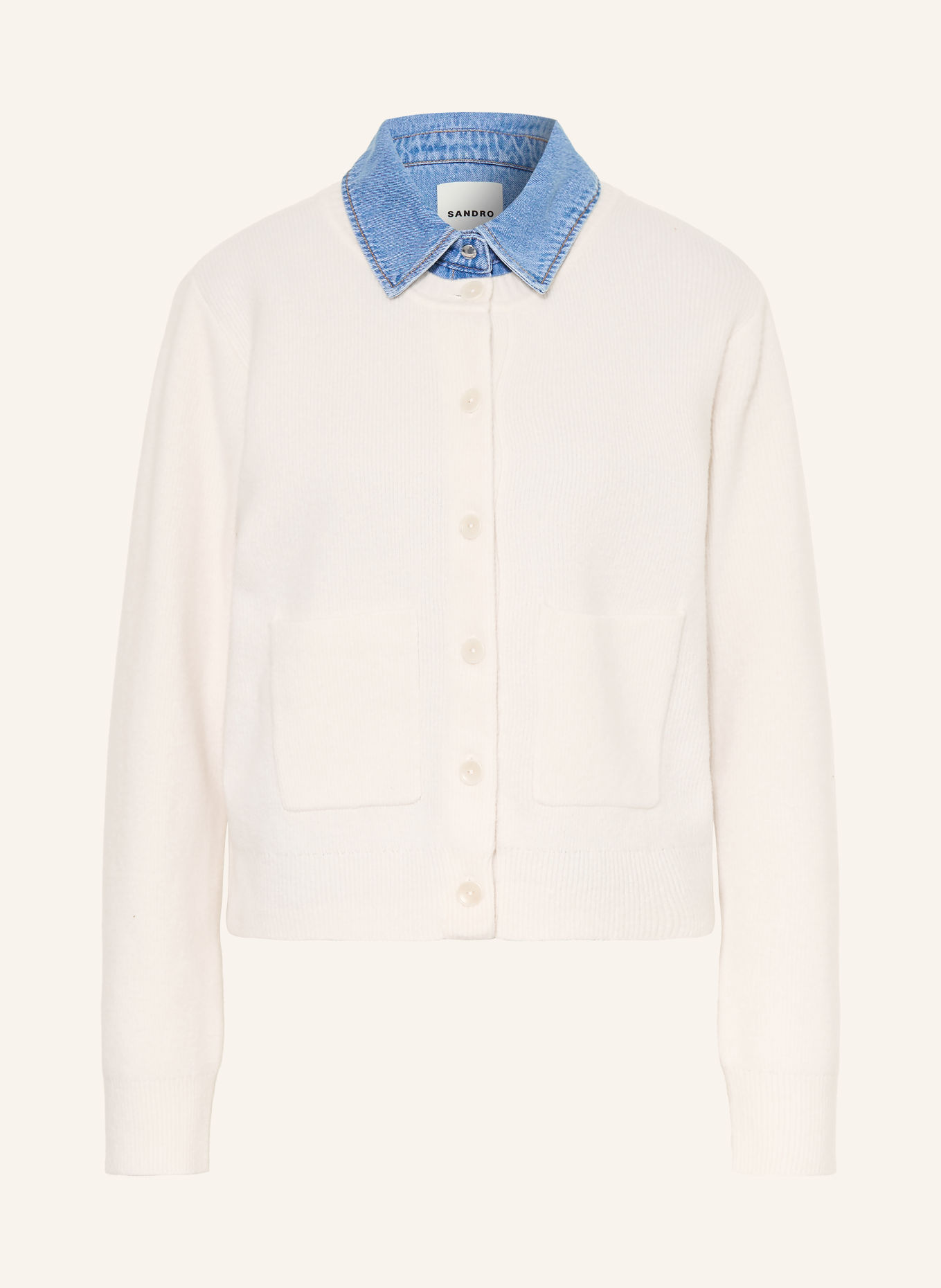 SANDRO Strickjacke im Materialmix: CREME / HELLBLAU