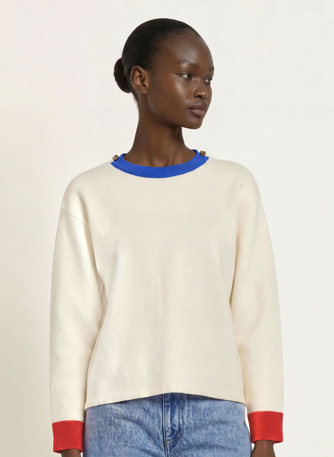 SANDRO Pullover: ECRU / ROT / BLAU