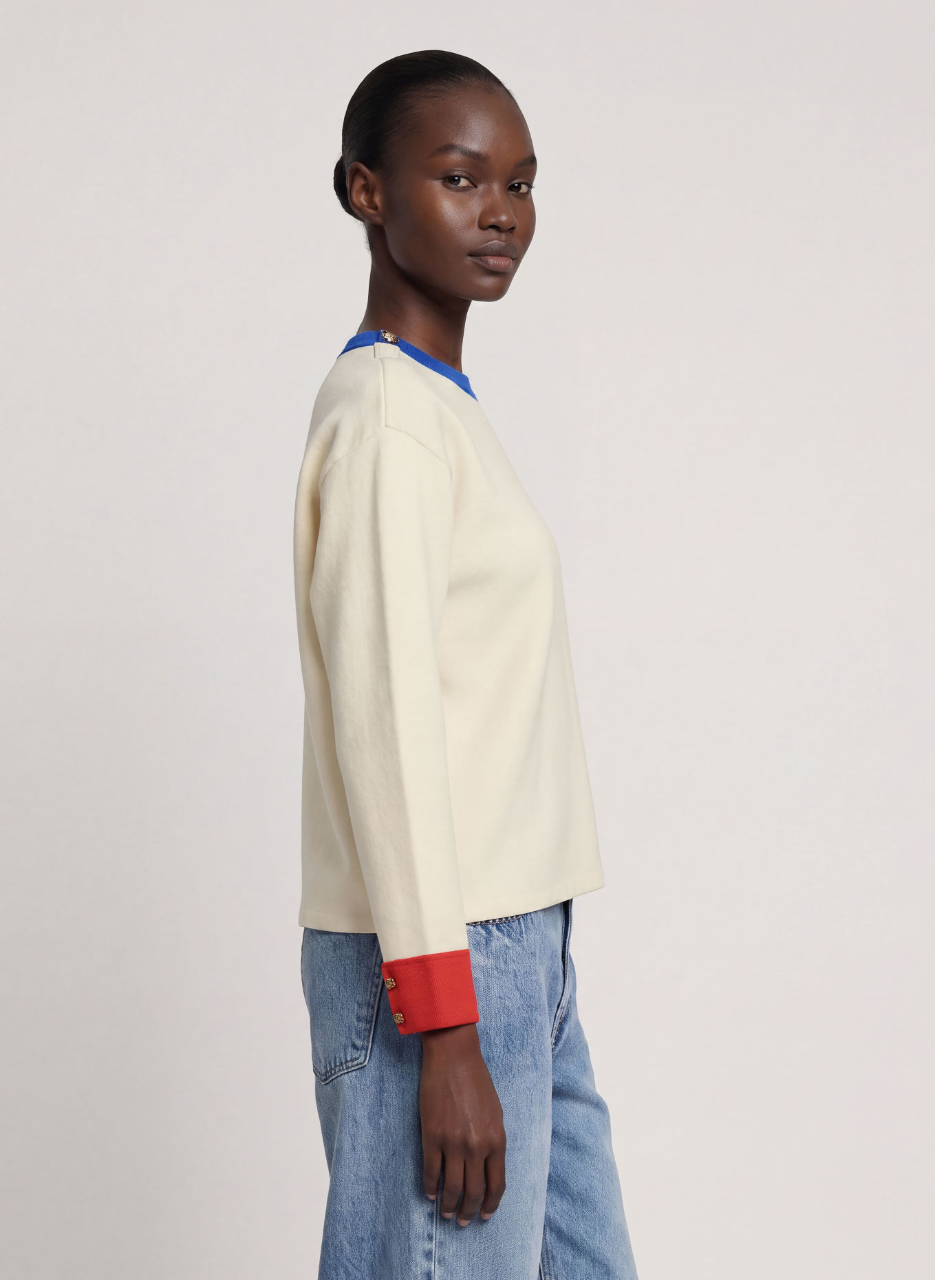 SANDRO Pullover: ECRU / ROT / BLAU