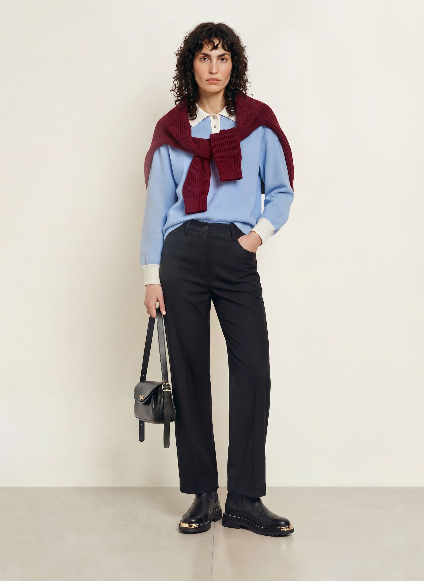 SANDRO Strick-Poloshirt: HELLBLAU / CREME