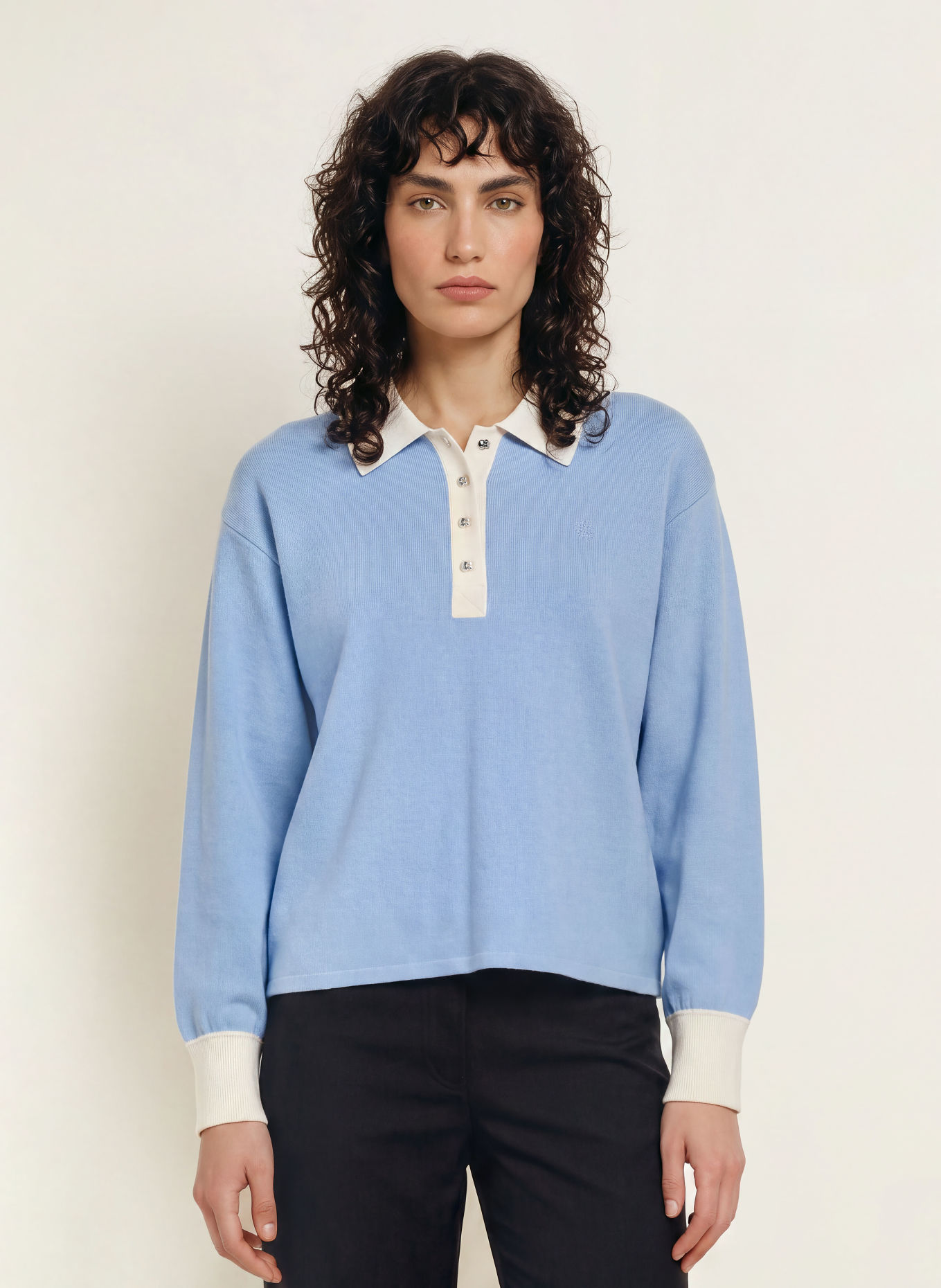 SANDRO Strick-Poloshirt: HELLBLAU / CREME