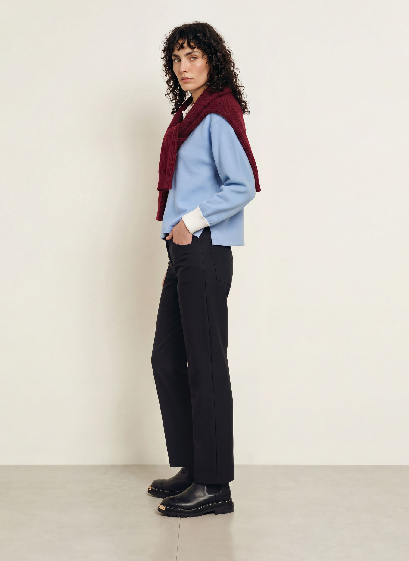 SANDRO Strick-Poloshirt: HELLBLAU / CREME
