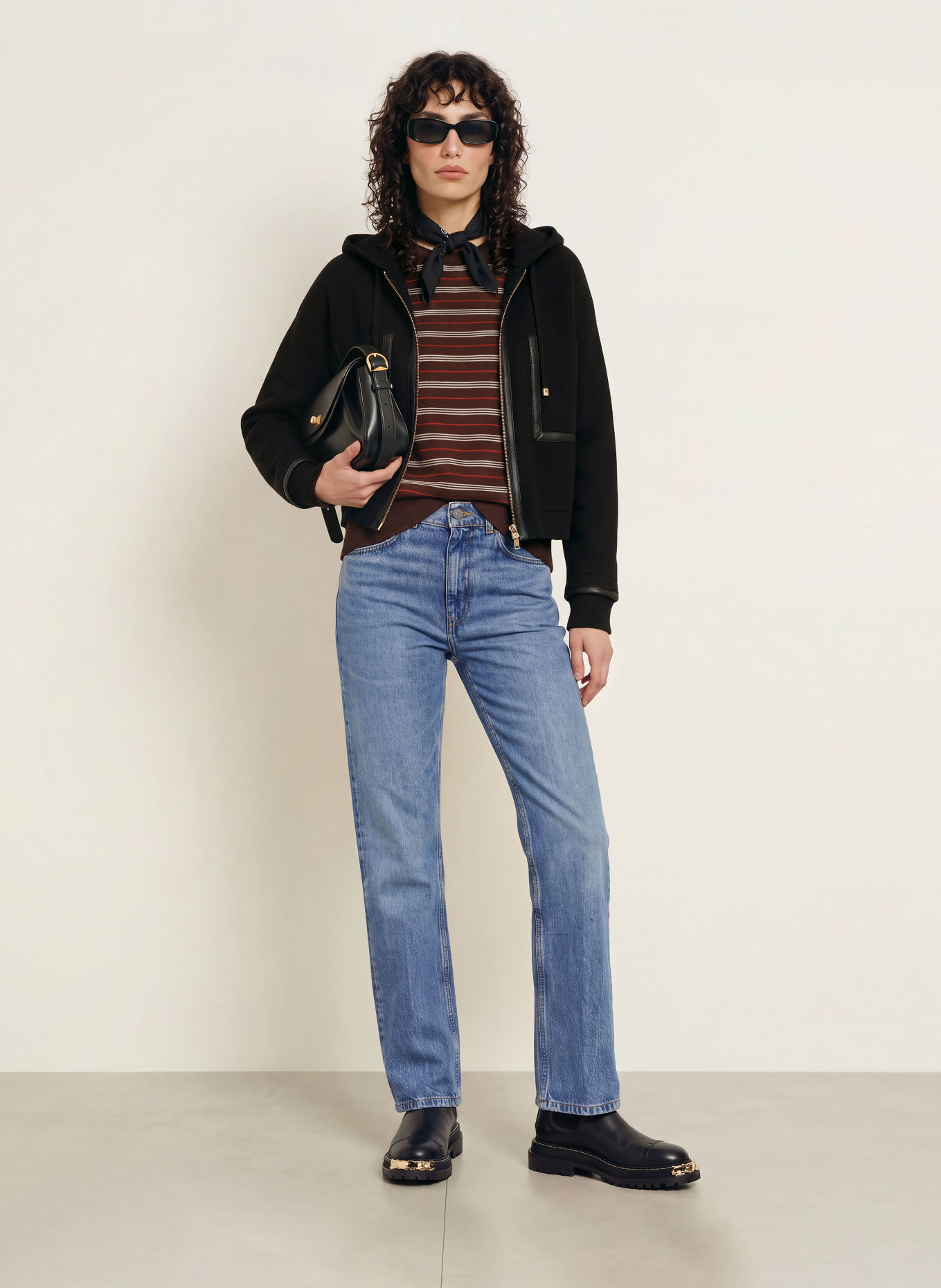 SANDRO Strickjacke mit Leder: SCHWARZ