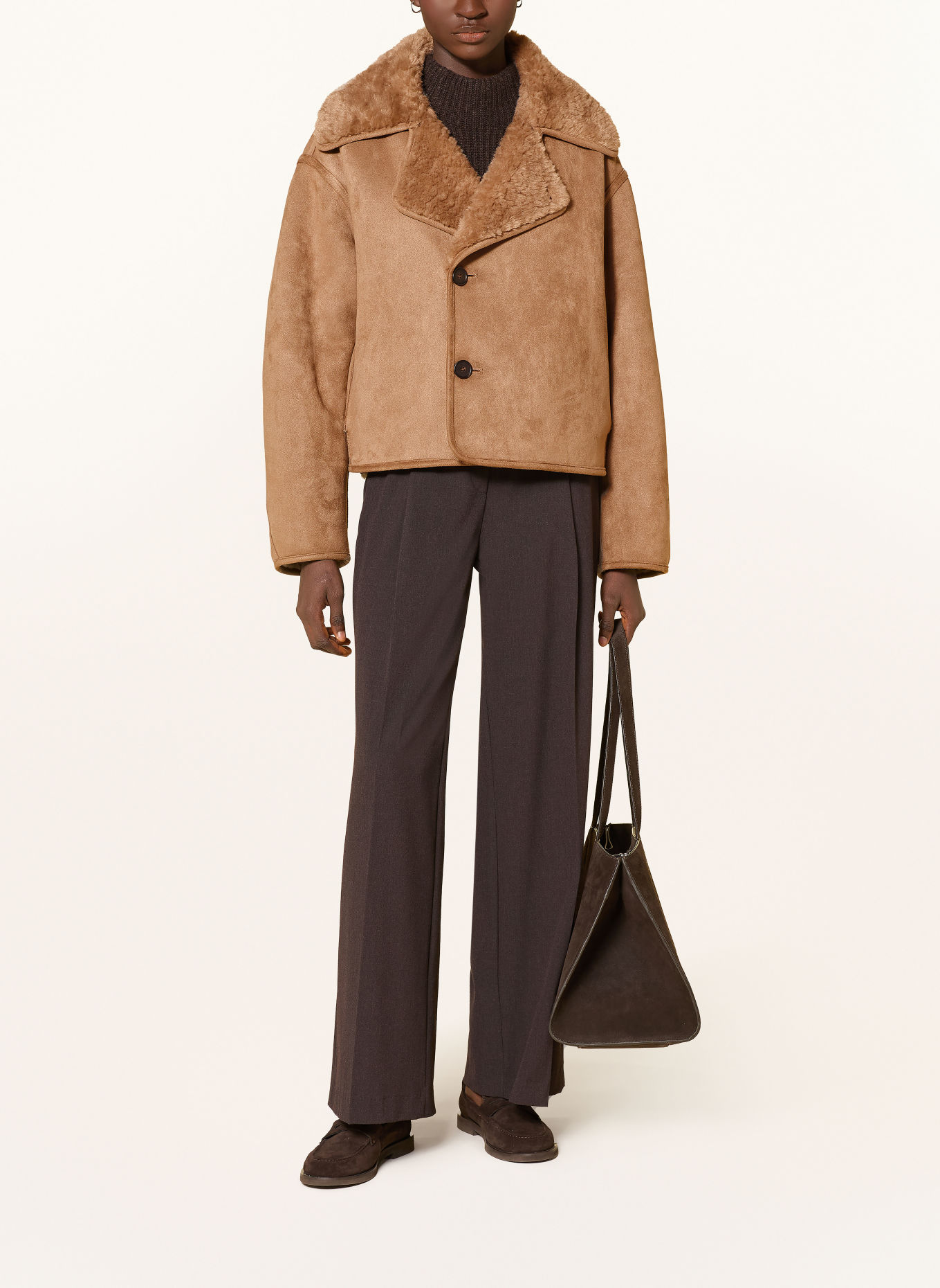 OPUS Caban court HAFIRA aspect cuir avec fausse fourrure: COGNAC