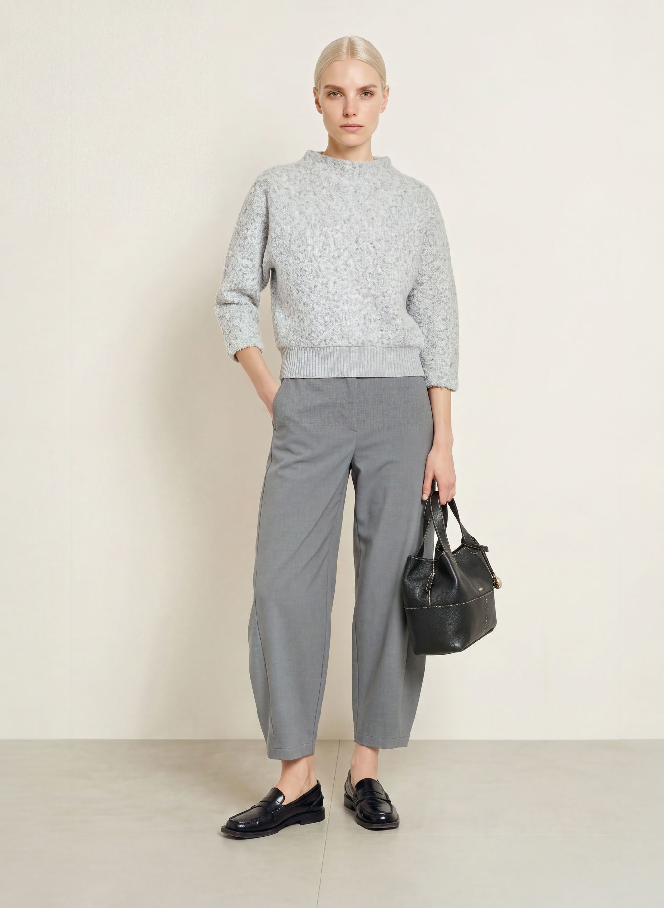 OPUS GOMETTA Sweater with 3/4-Sleeve: GRAY / WHITE