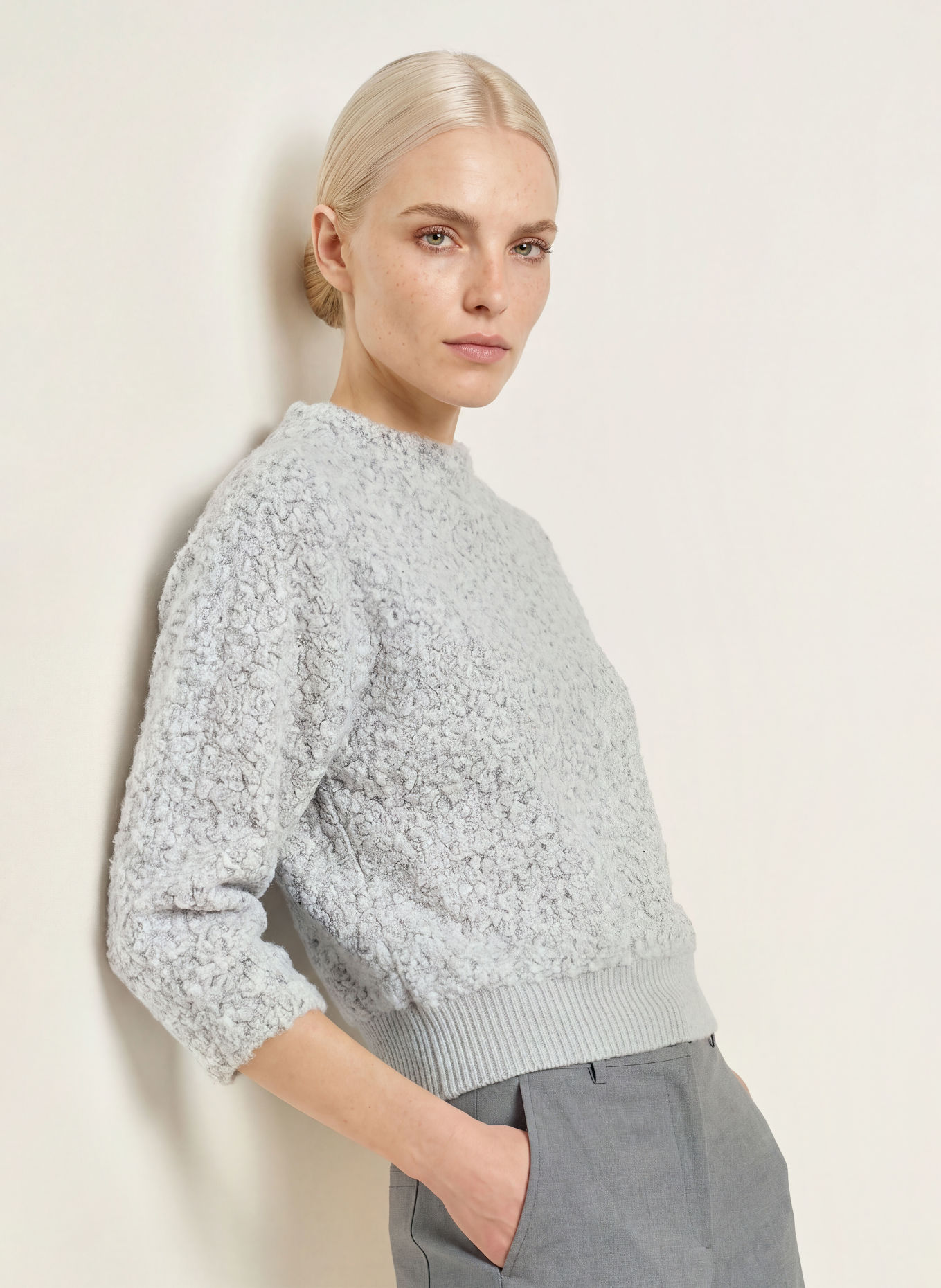 OPUS GOMETTA Sweater with 3/4-Sleeve: GRAY / WHITE