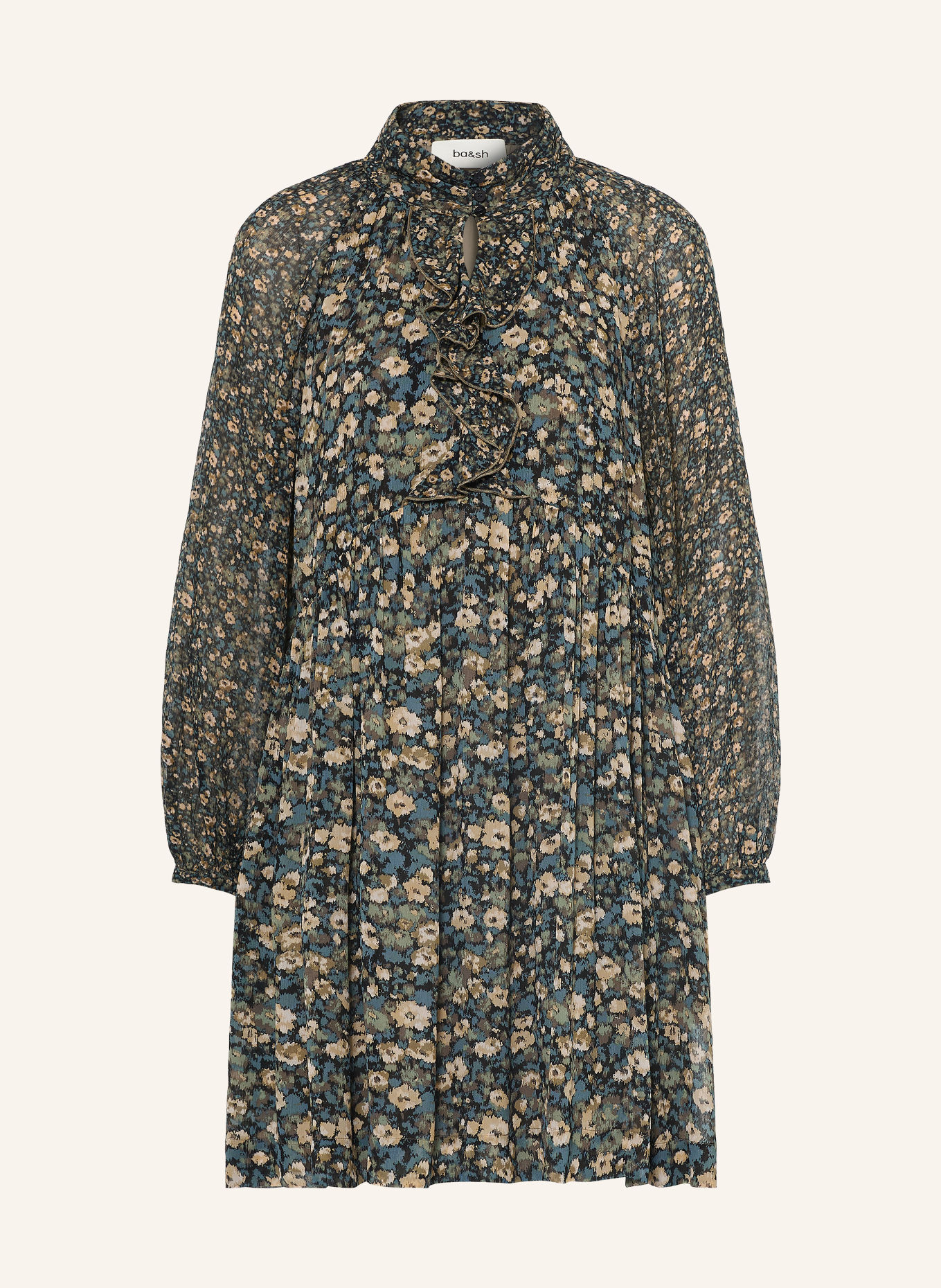 ba&sh Kleid KIMIA mit Volants: KHAKI / BEIGE / PETROL