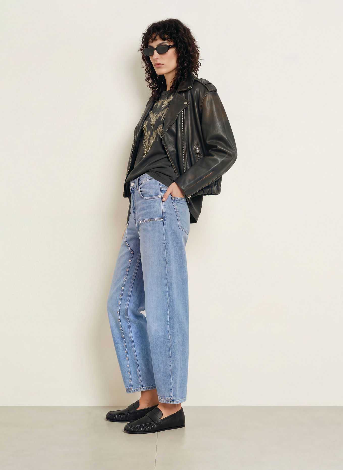 ALLSAINTS SADIE Barrel-leg jeans with Studs: 2160 Light Indigo