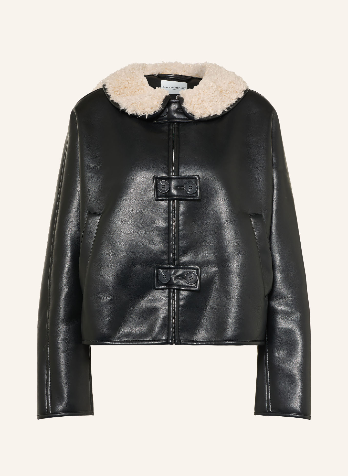CLAUDIE PIERLOT Jacke in Lederoptik mit Kunstfell: SCHWARZ / CREME