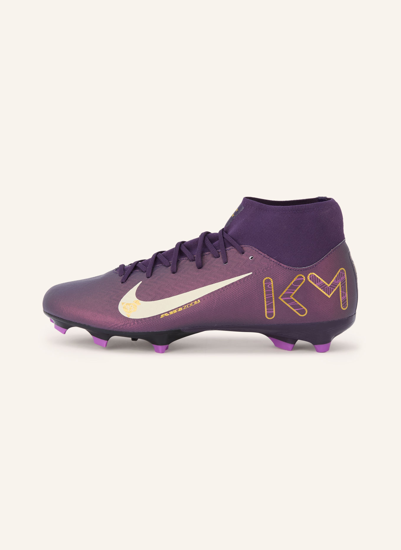 Nike Fußballschuhe ZM SUPERFLY 10 ACADEMY KYLIAN MBAPPÉ: DUNKELLILA / GOLD / WEISS