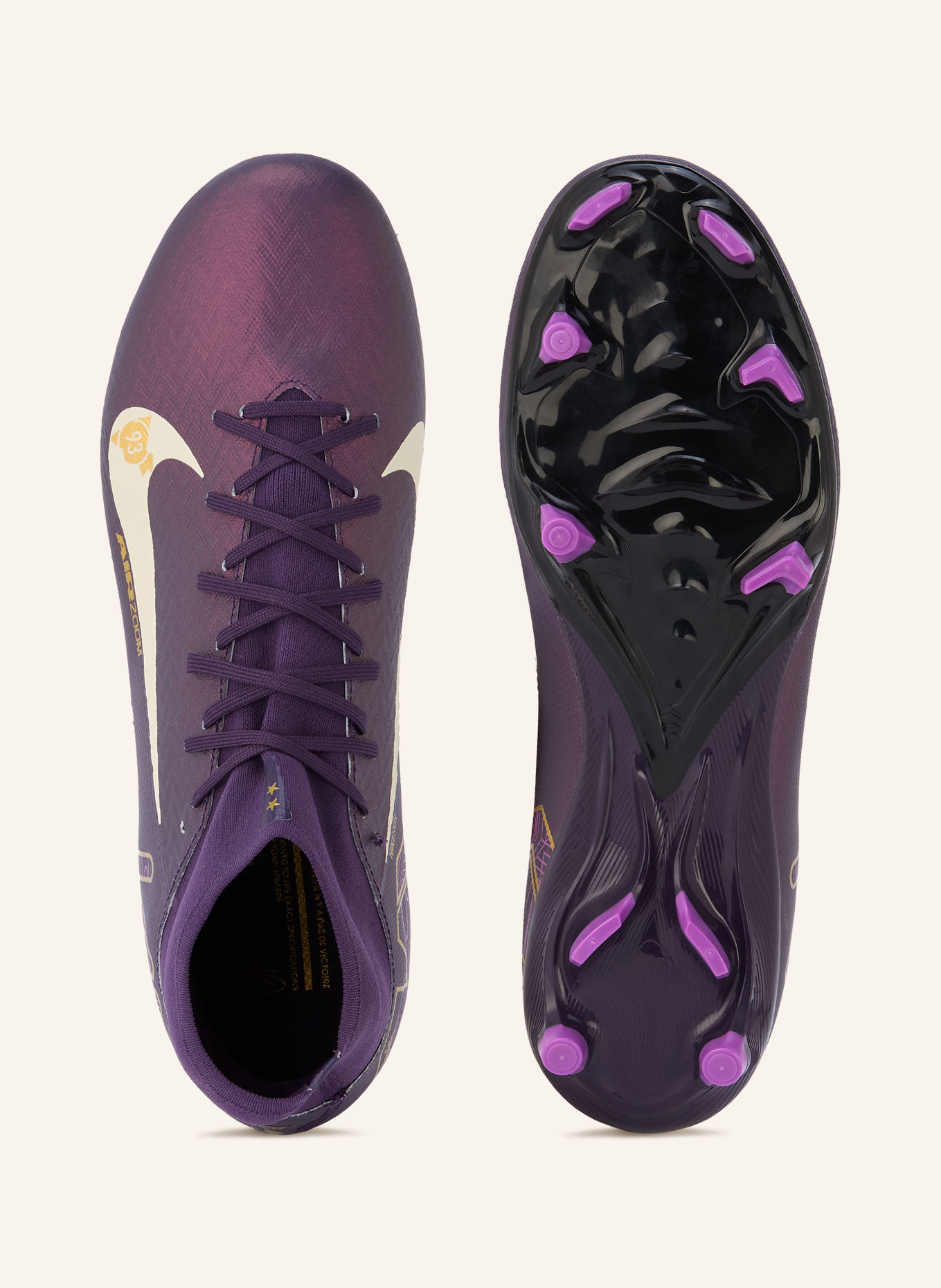 Nike Fußballschuhe ZM SUPERFLY 10 ACADEMY KYLIAN MBAPPÉ: DUNKELLILA / GOLD / WEISS