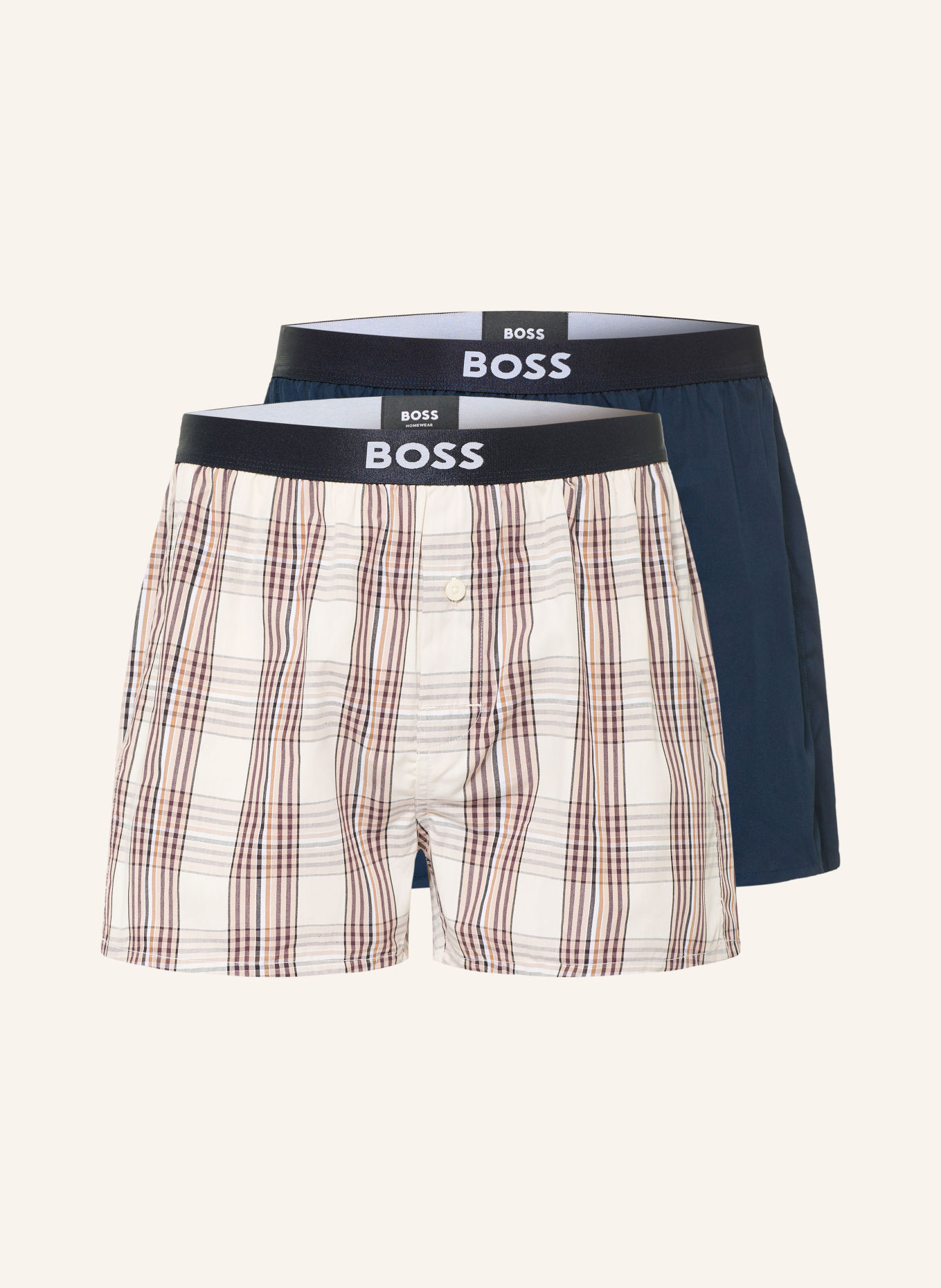 BOSS 2-pack boxershorts met webprint: WIT / LICHTBRUIN / DONKERBLAUW