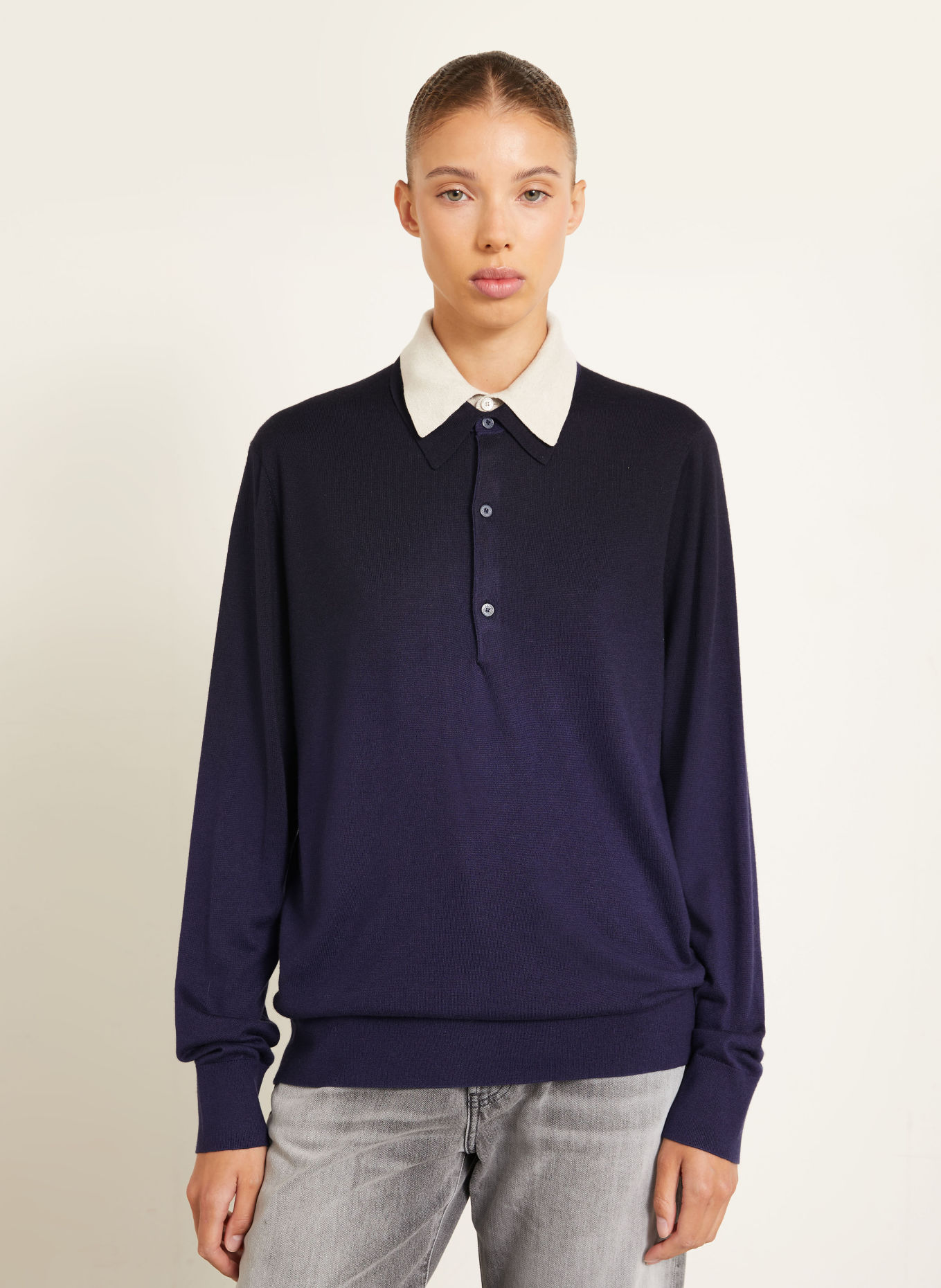 Acne Studios Knitted polo shirt made of silk: DARK BLUE / BEIGE