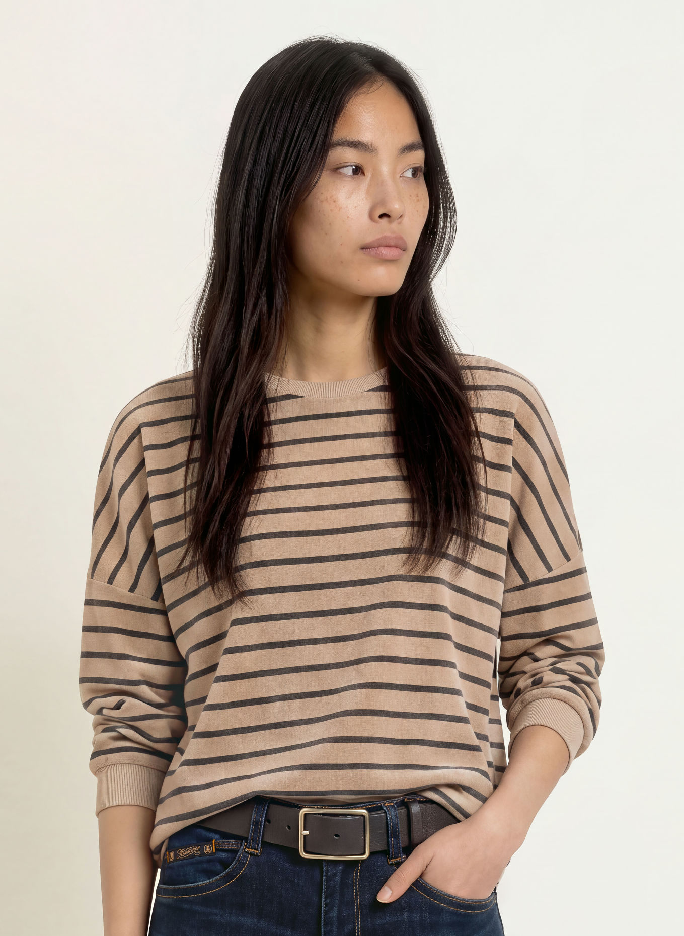 Herrlicher Velour shirt SMILA: BEIGE / BLACK