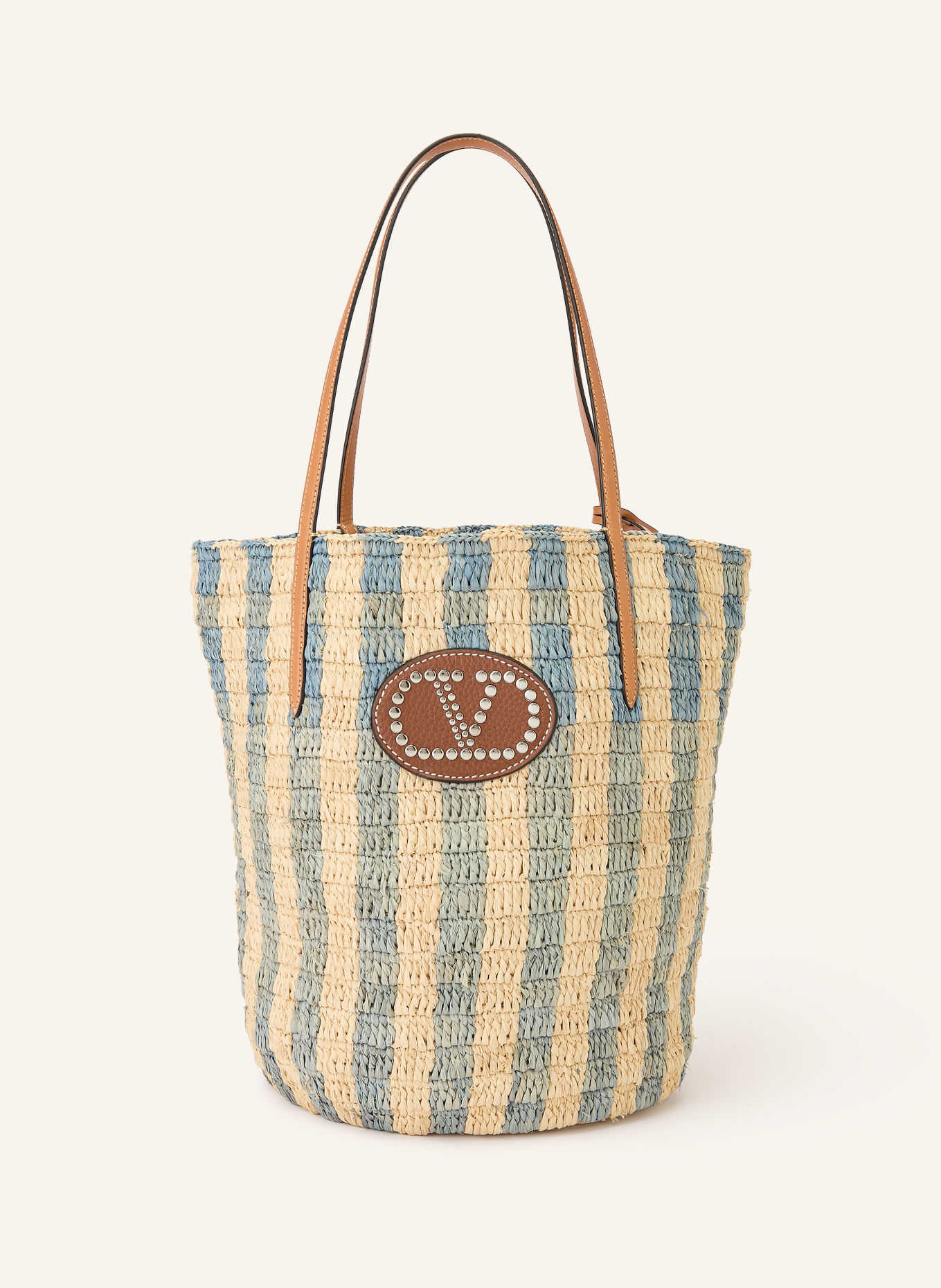 VALENTINO GARAVANI VLOGO SIGNATURE shopper with pouch: BEIGE / COGNAC / BLUE