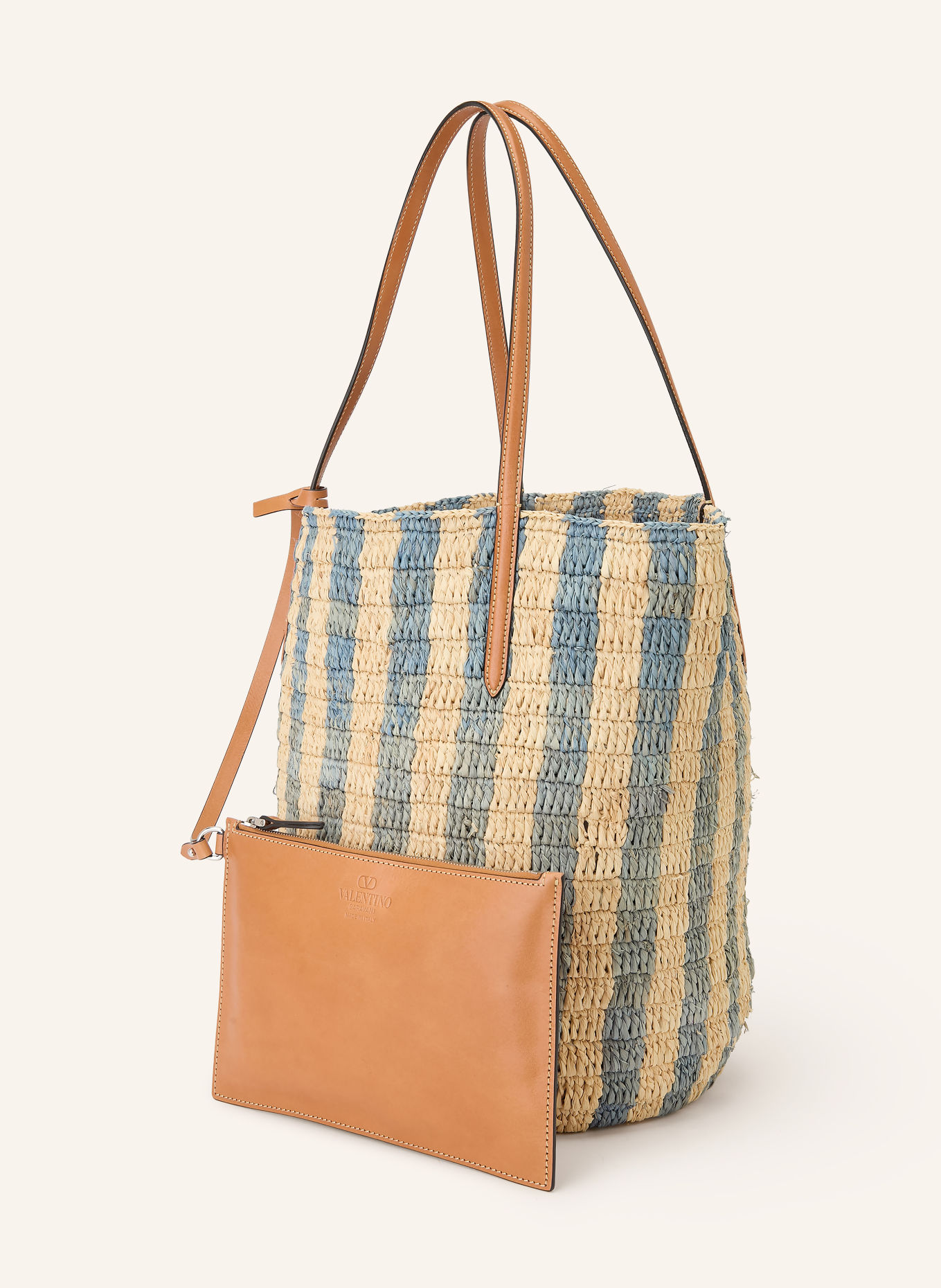 VALENTINO GARAVANI VLOGO SIGNATURE shopper with pouch: BEIGE / COGNAC / BLUE