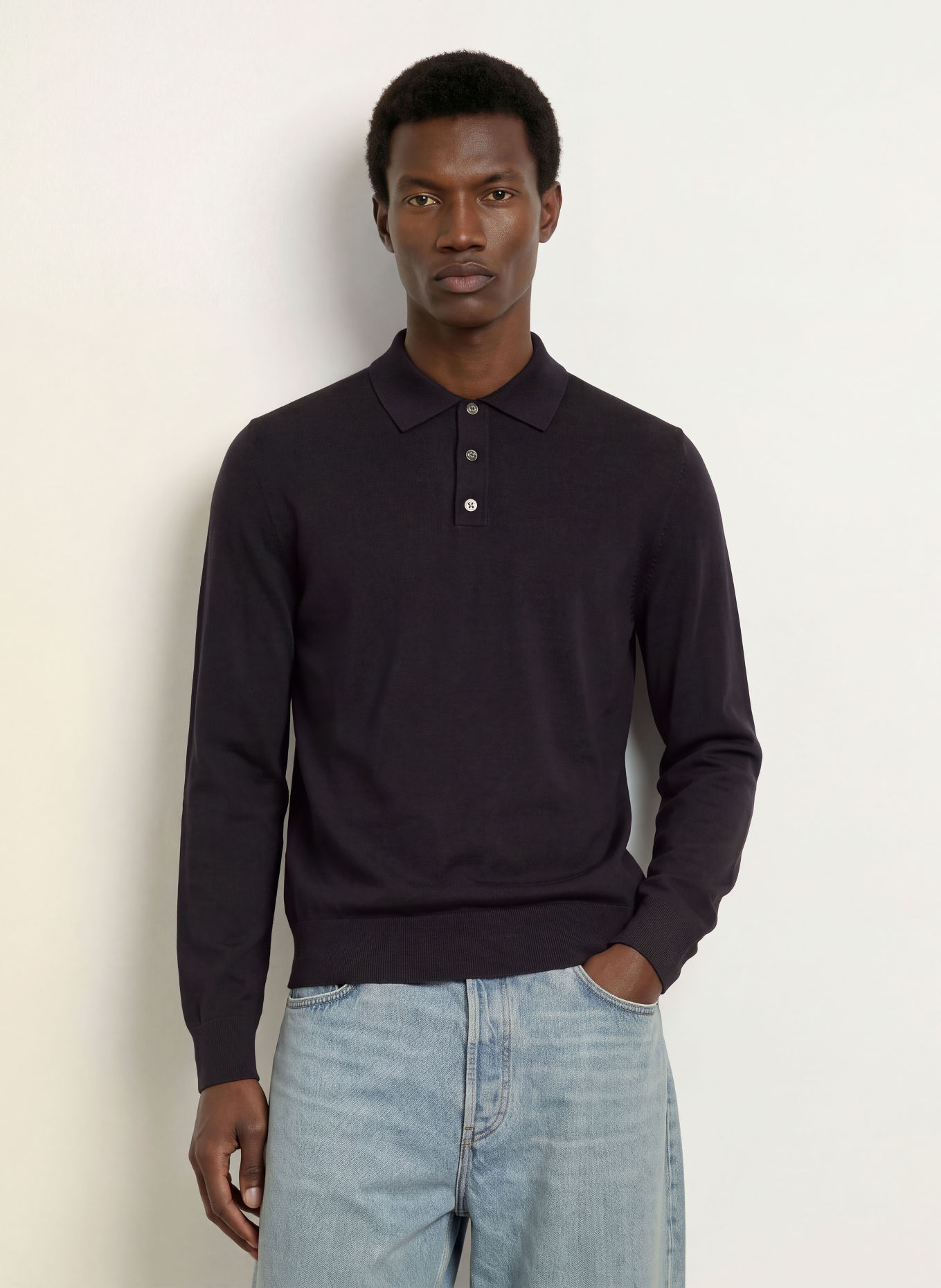 ARKET Gebreid poloshirt van merinowol: DONKERBLAUW