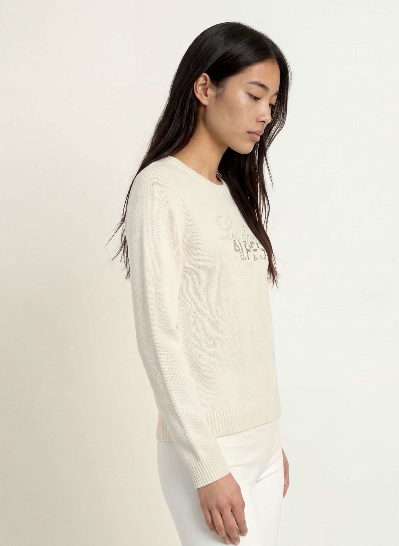 LIU JO Pullover mit Schmucksteinen: WEISS