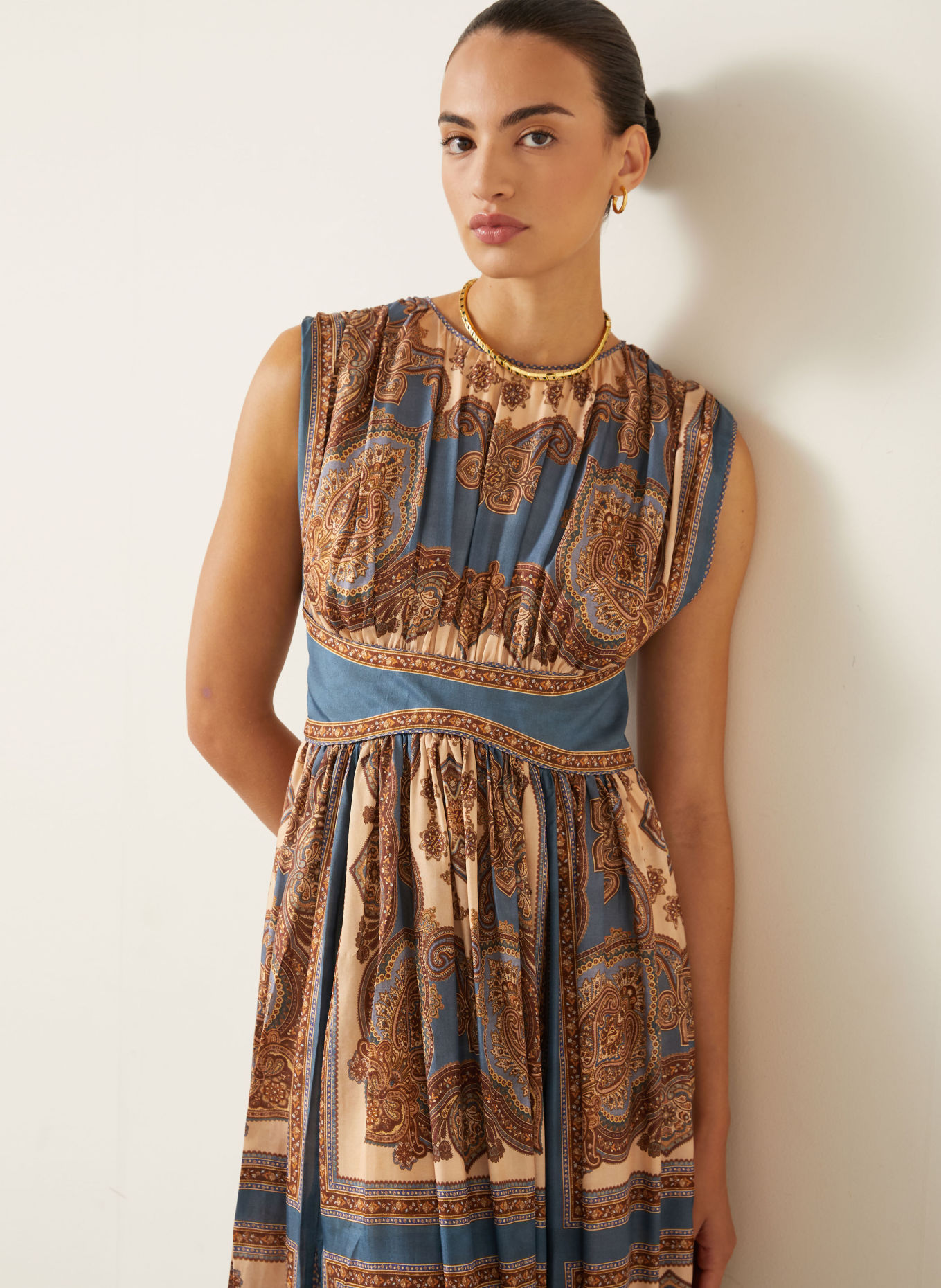ZIMMERMANN MAHON Silk Dress: TEAL / BROWN / BEIGE