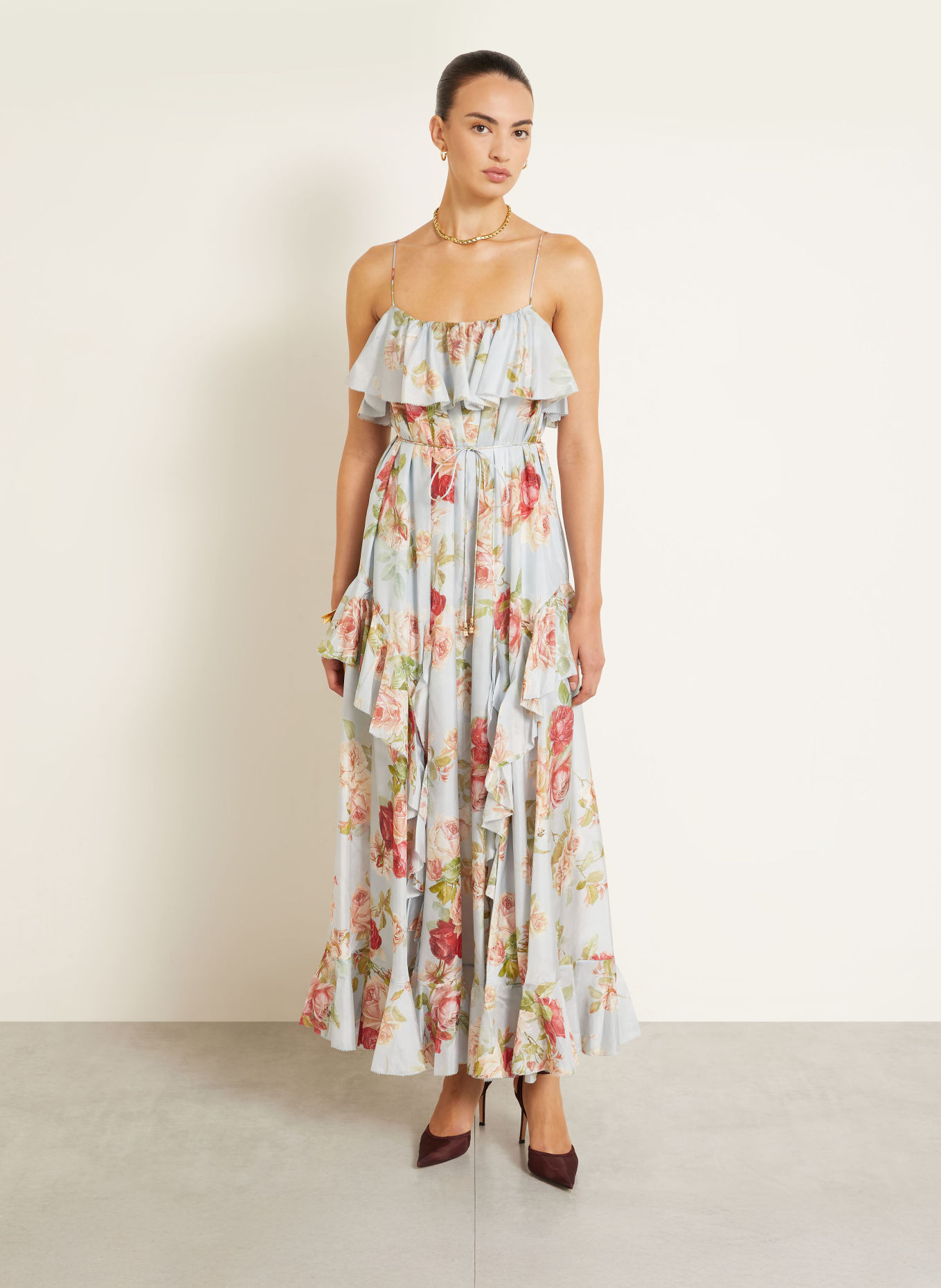 ZIMMERMANN ROSELIGHT silk dress with flounces: LIGHT BLUE / PINK / LIGHT GREEN