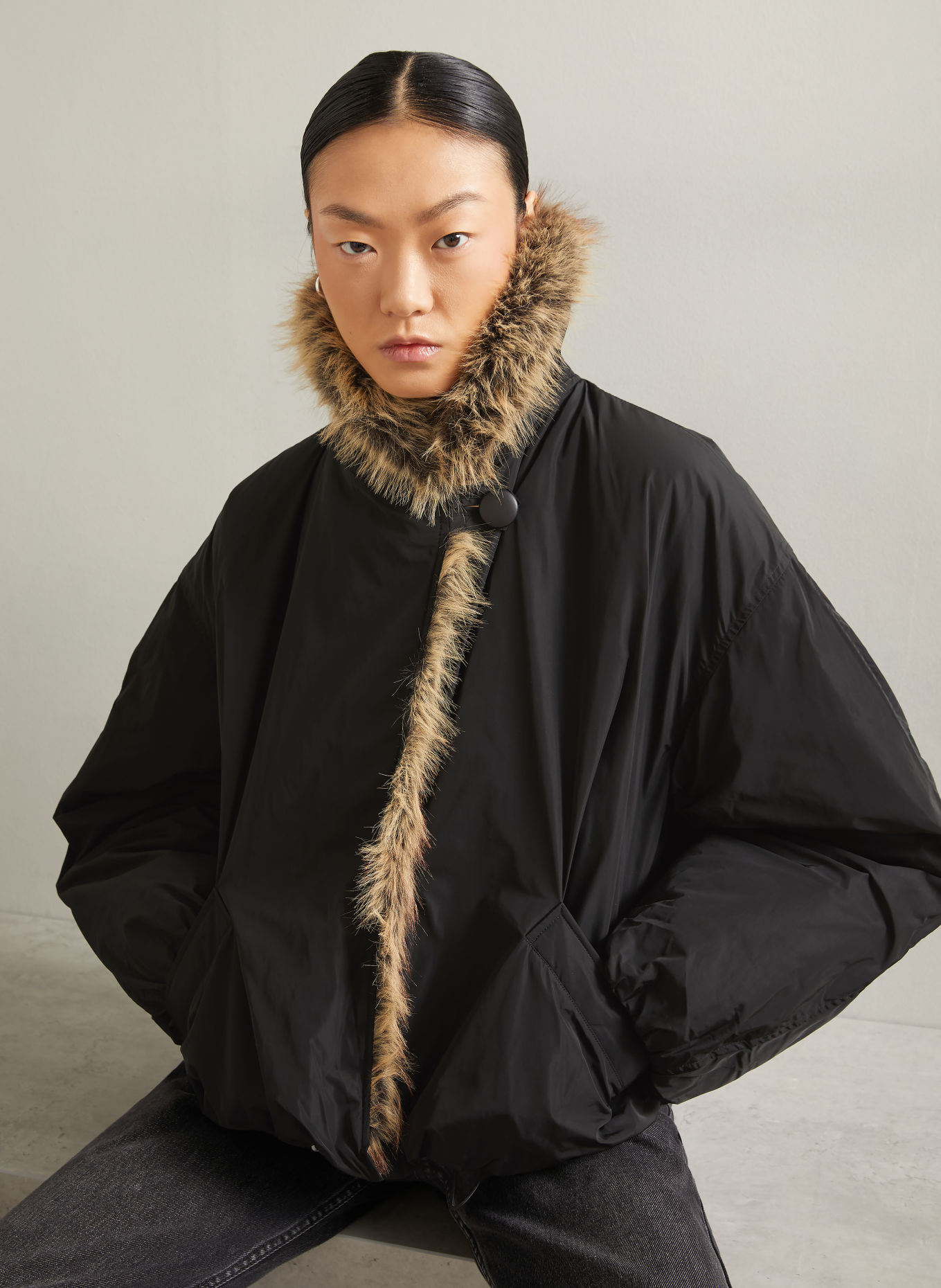 ISABEL MARANT Blouson CHARONE avec fausse fourrure: NOIR / MARRON