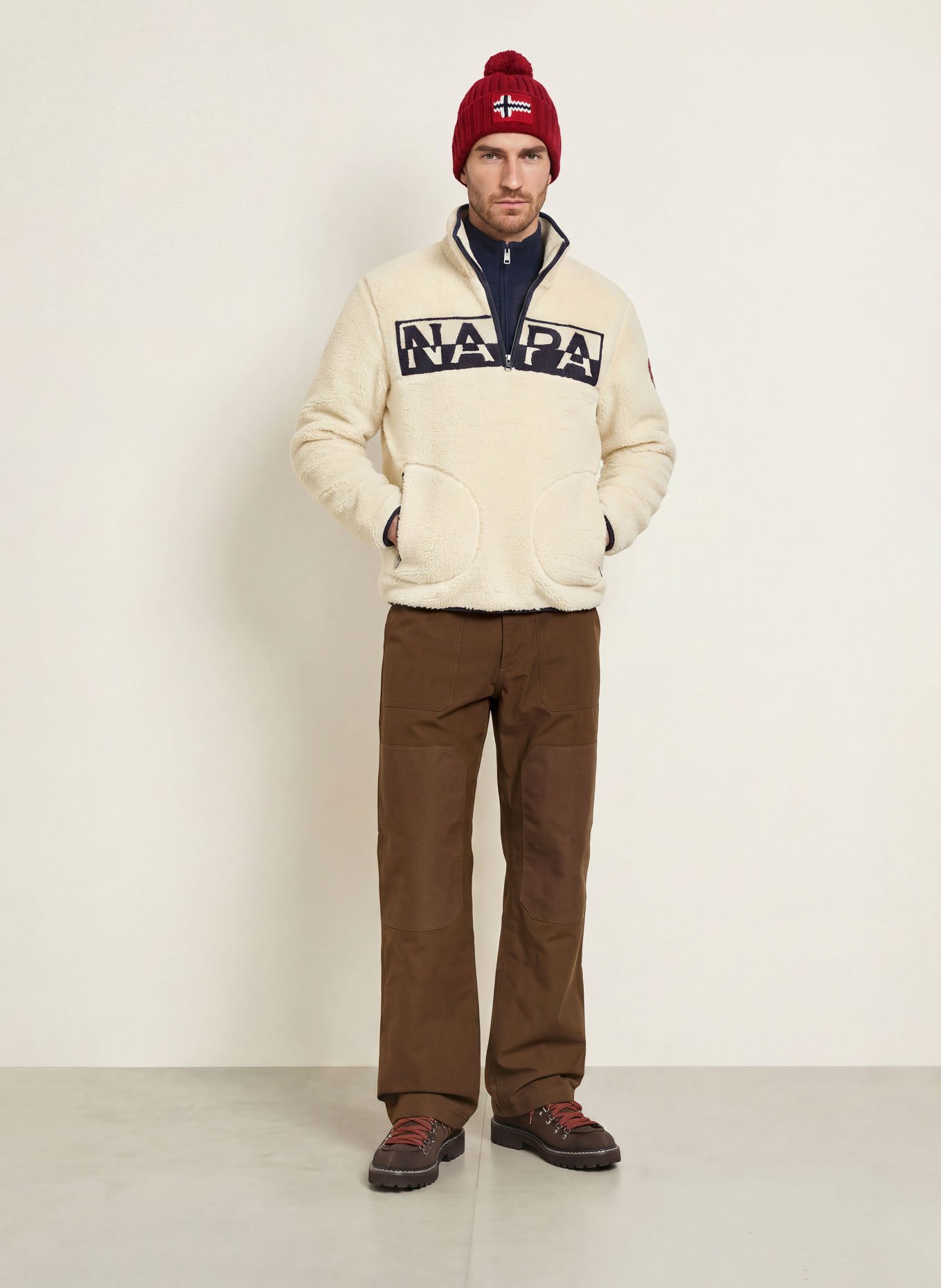 NAPAPIJRI ARCHIVE Fleece Half-zip Sweater: CREAM / DARK BLUE / BLACK