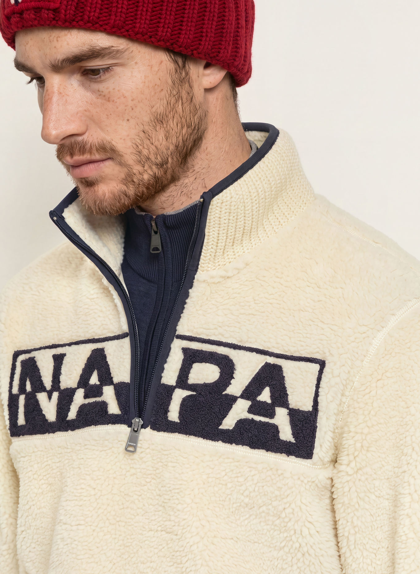 NAPAPIJRI ARCHIVE Fleece Half-zip Sweater: CREAM / DARK BLUE / BLACK