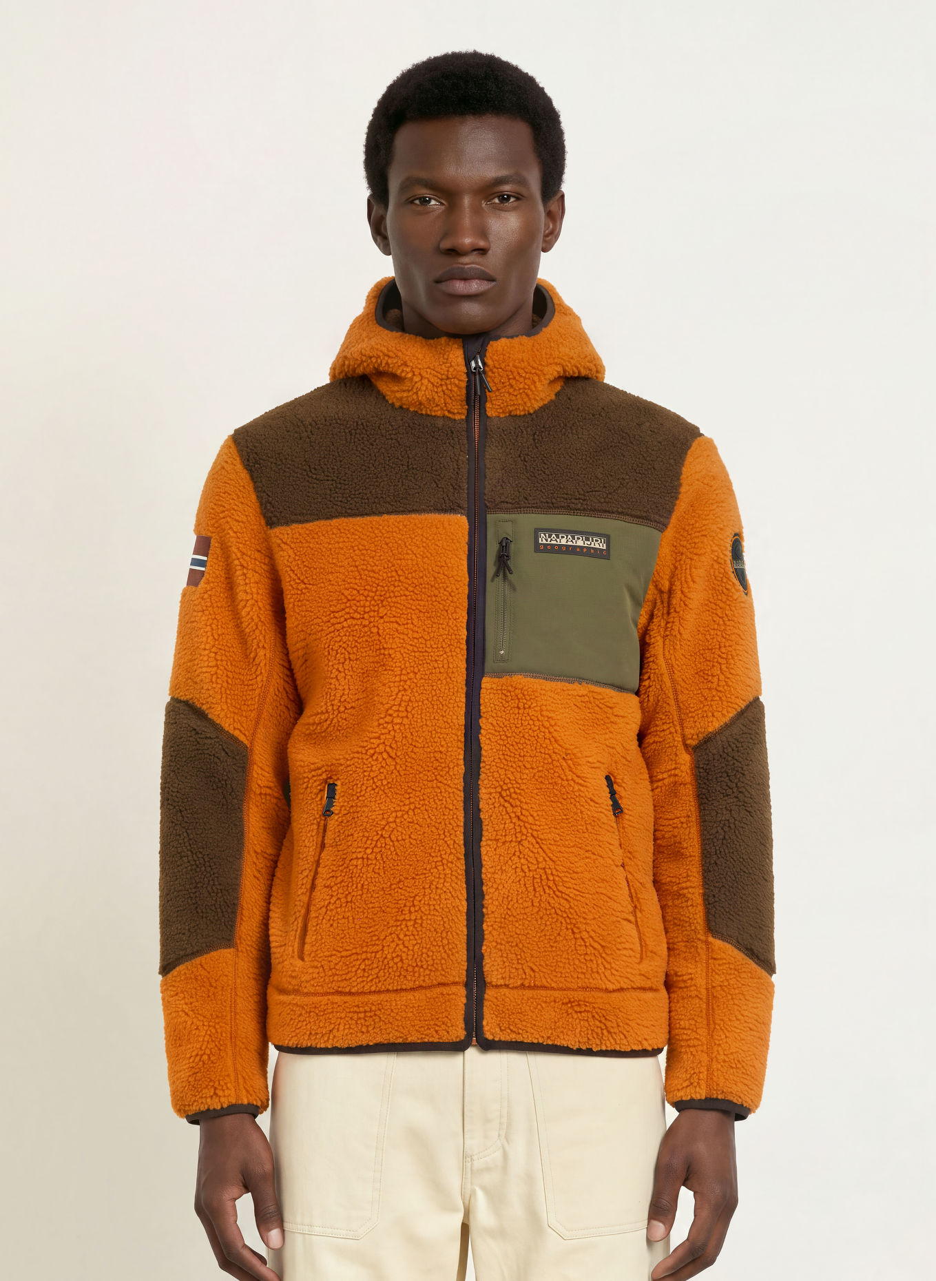 NAPAPIJRI Veste polaire YUPIK: ORANGE / MARRON FONCÉ / KAKI