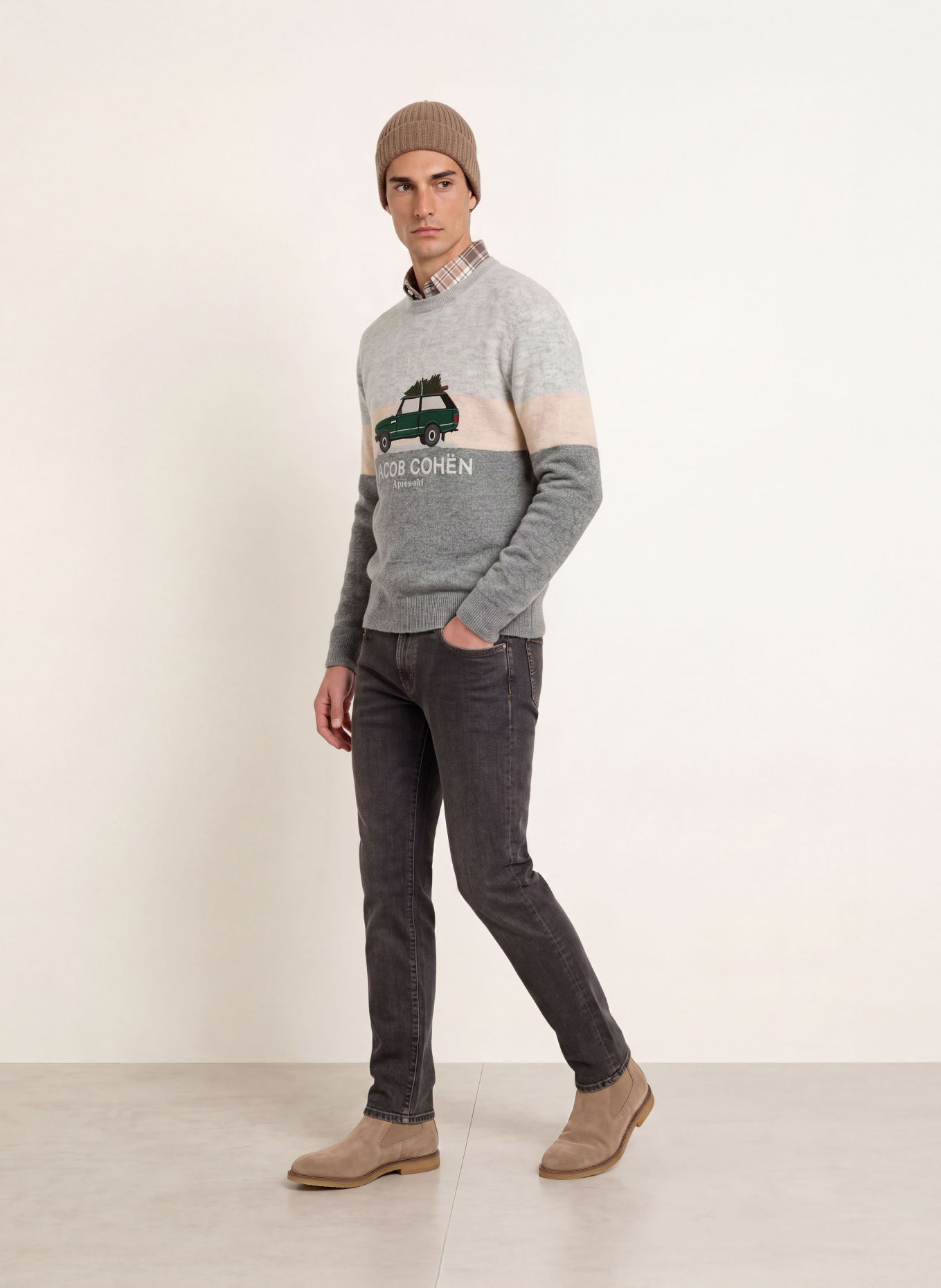 JACOB COHEN Pullover mit Alpaka: GRAU / BEIGE / DUNKELGRÜN