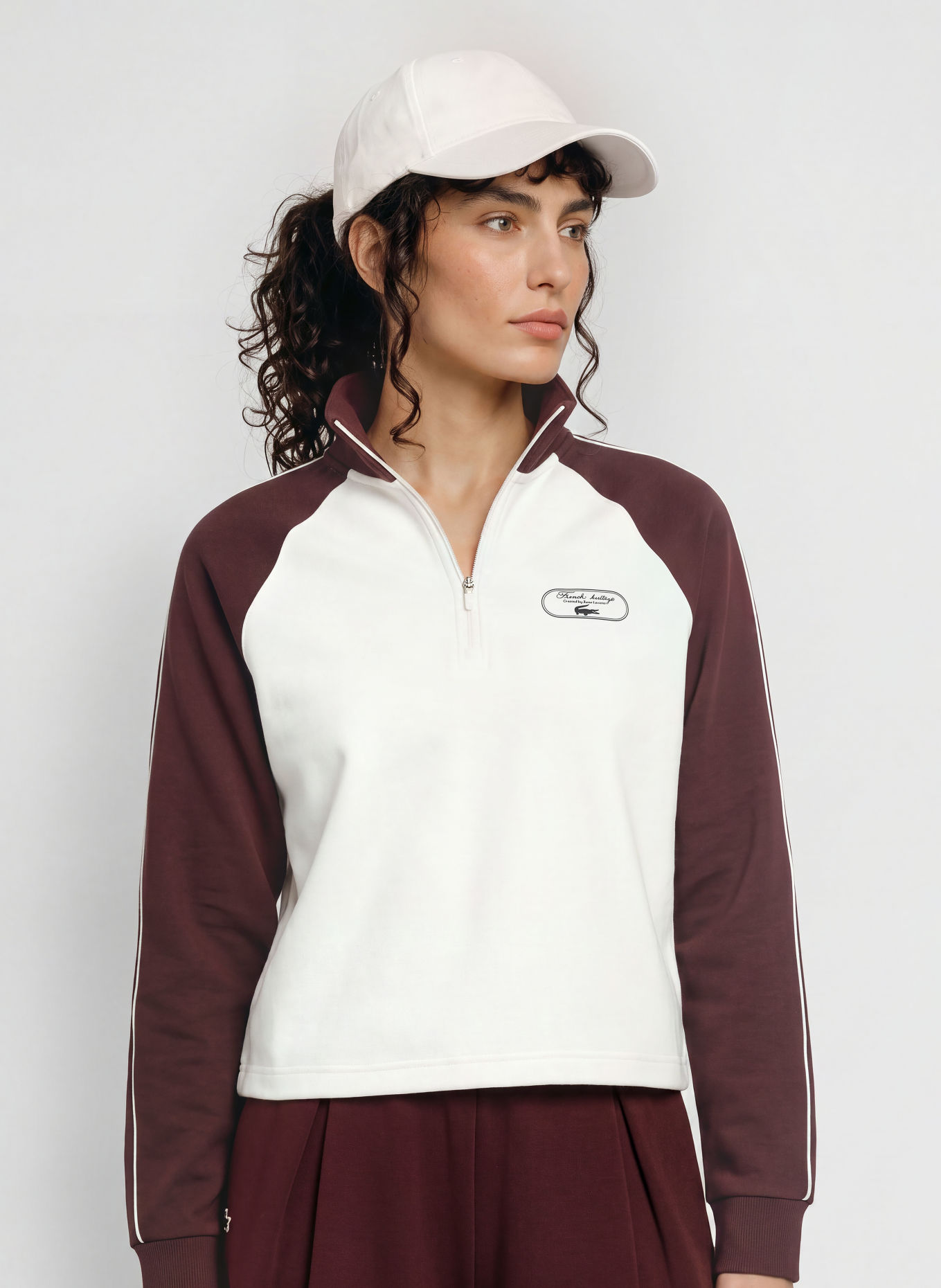 LACOSTE Pull col zippé en piqué: ROUGE FONCÉ / CRÈME